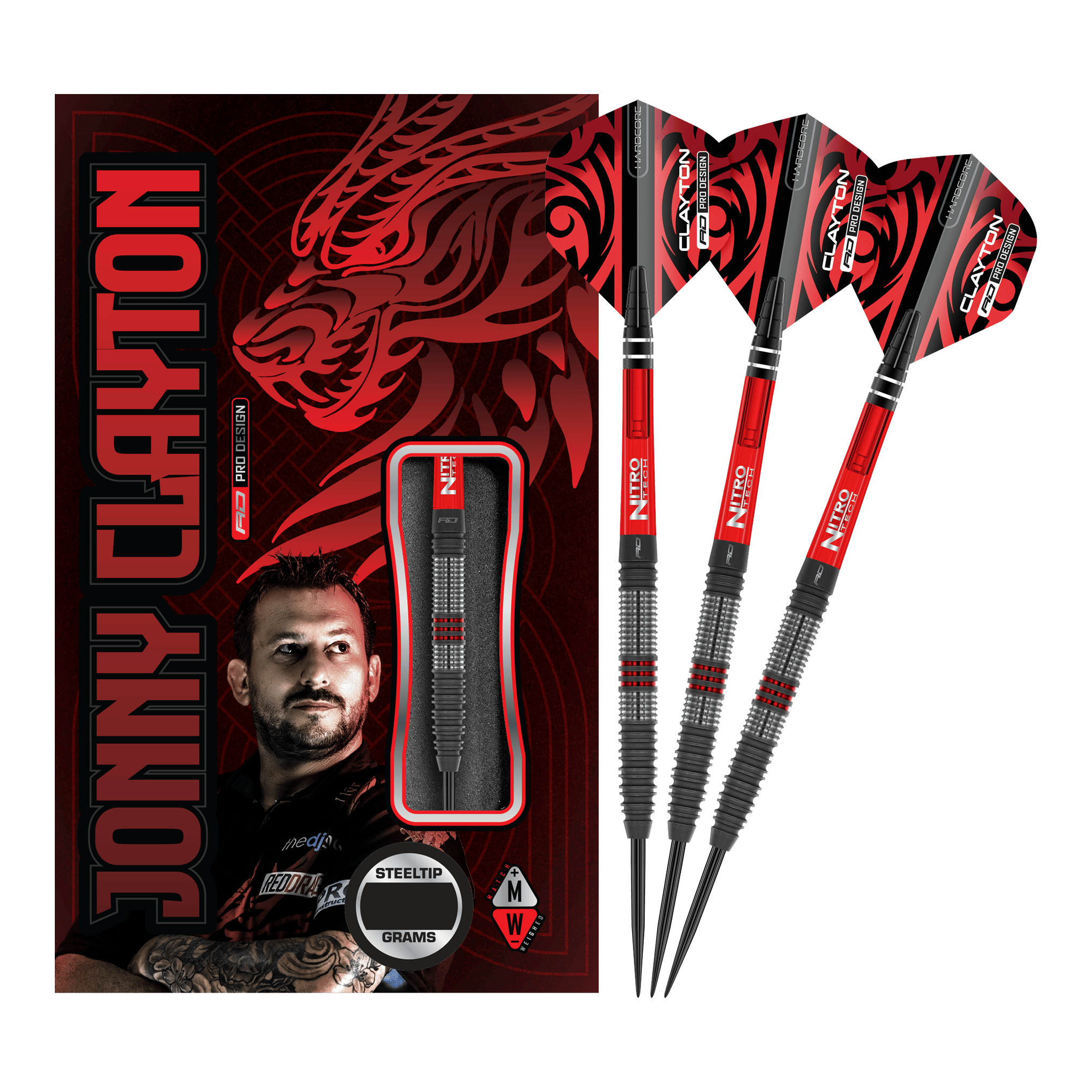 Dardos de acero Red Dragon Jonny Clayton Hiraeth Das Bild zeigt das Produkt "Red Dragon Jonny Clayton Hiraeth Steeldarts" mit drei Steeldarts und einer auffälligen Verpackung. Auf der Verpackung sind ein Porträt von Jonny Clayton und ein roter Drachen abgebildet.