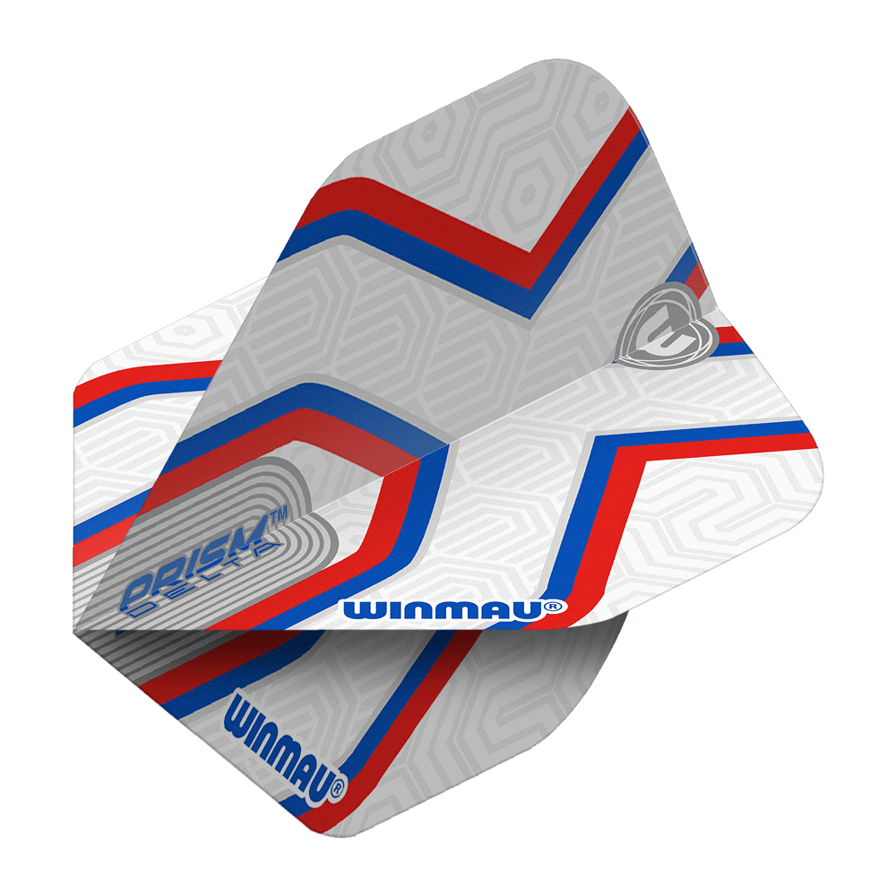 Voli standard Winmau Prism Delta Epix No2 Das Bild zeigt die Winmau Prism Delta Epix No2 Standard Flights. Die Flights sind hauptsächlich weiß mit roten und blauen Streifen sowie dem Winmau-Logo.