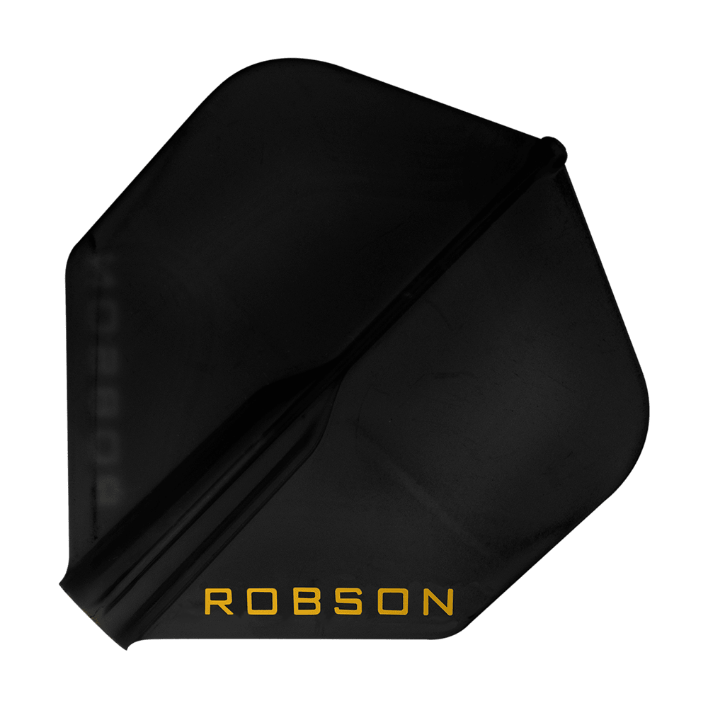 Robson Plus Standard Flights Dies ist ein schwarzes Dartflight mit der Aufschrift "ROBSON" in gelber Farbe. Das Flight hat eine Standardform und wirkt robust.