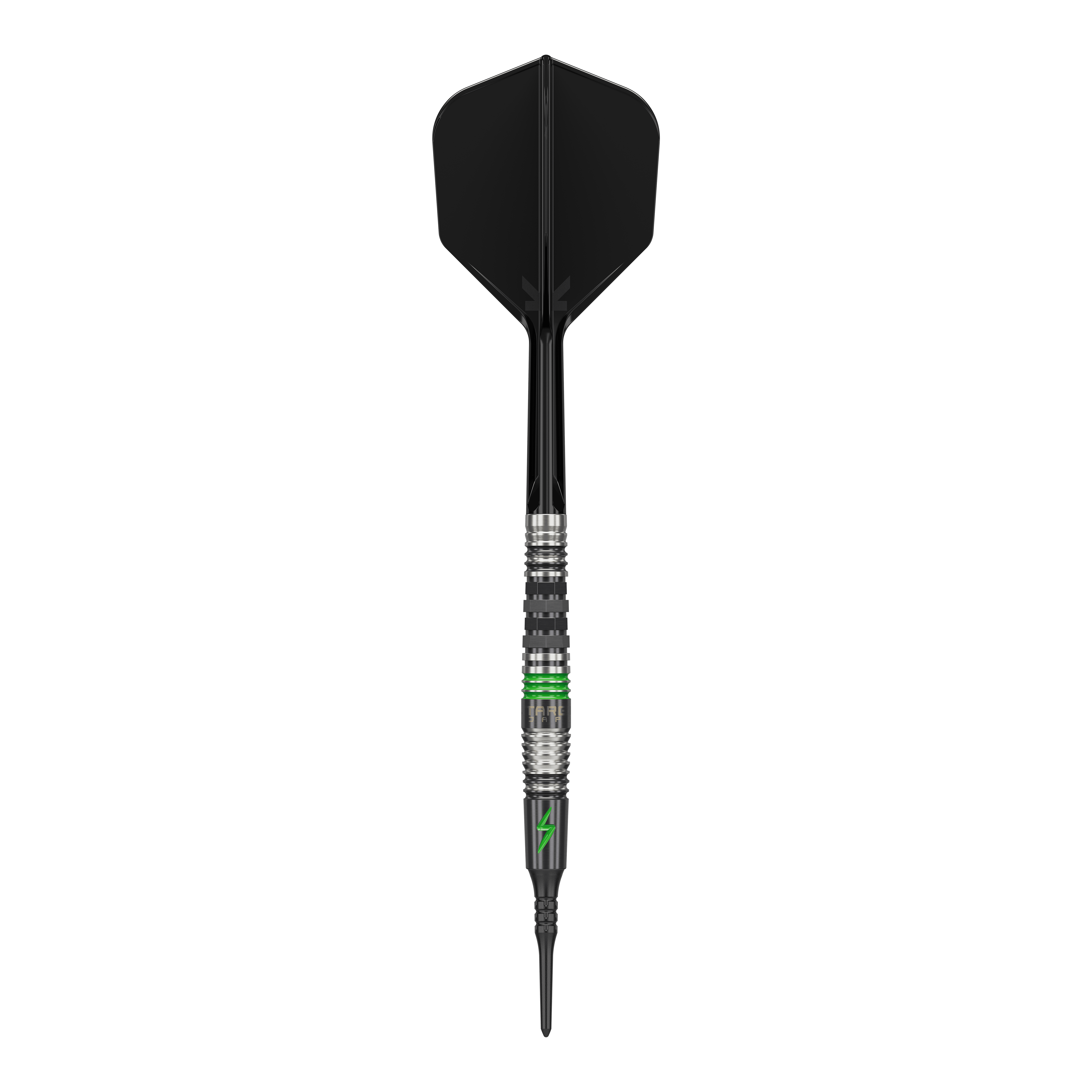 Dieses Bild zeigt einen Softdart mit dem Namen "Target Japan Black Marque Lightning 3" mit einem Gewicht von 19g. Der Dart ist überwiegend schwarz mit silbernen und grünen Akzenten gestaltet.