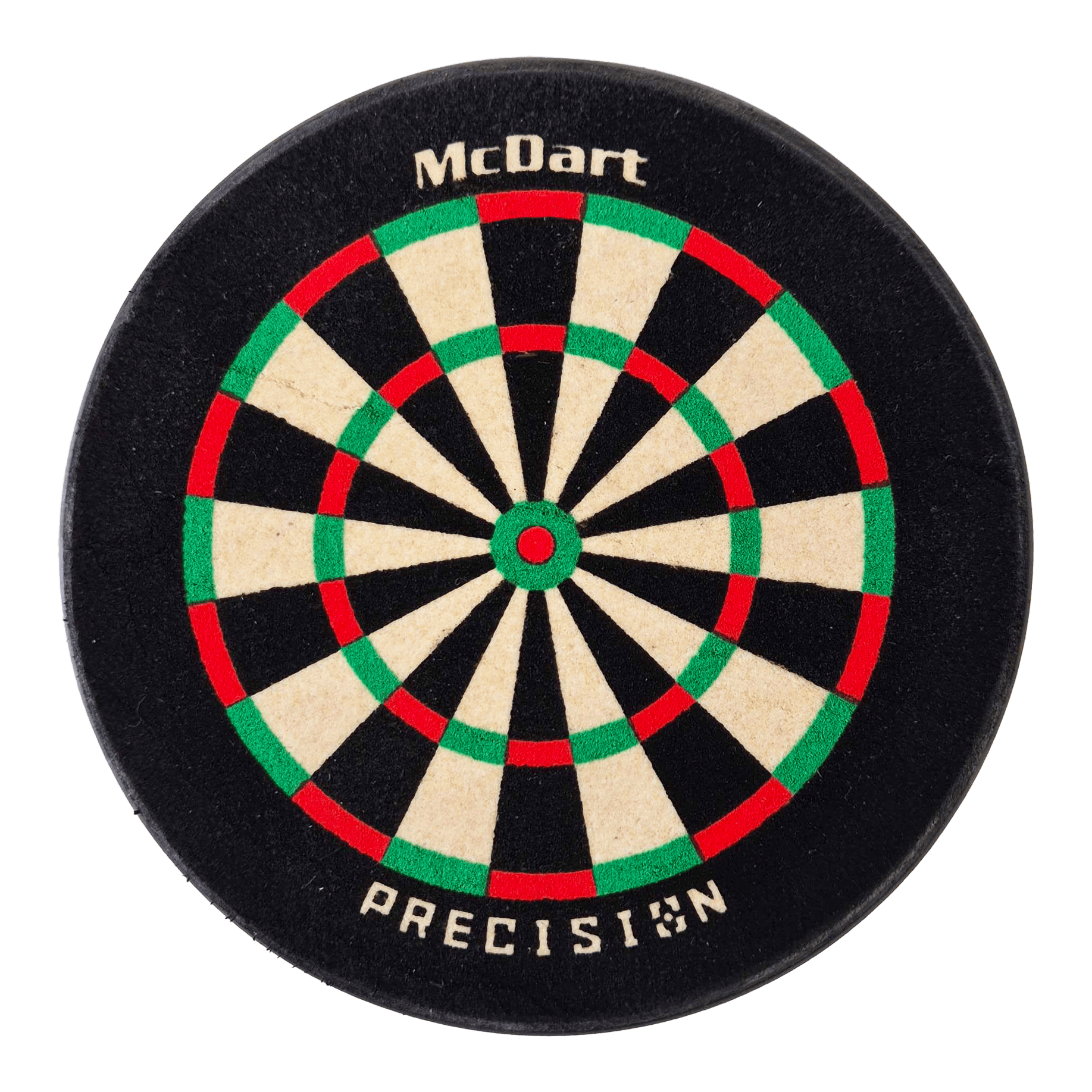 Porte-fléchettes McDart Precision Mini Dartboard Das Bild zeigt eine kleine, runde Dartscheibe mit der Aufschrift „McDart“ und „PRECISION“. Die Scheibe hat die klassischen Farben Weiß, Schwarz, Rot und Grün.
