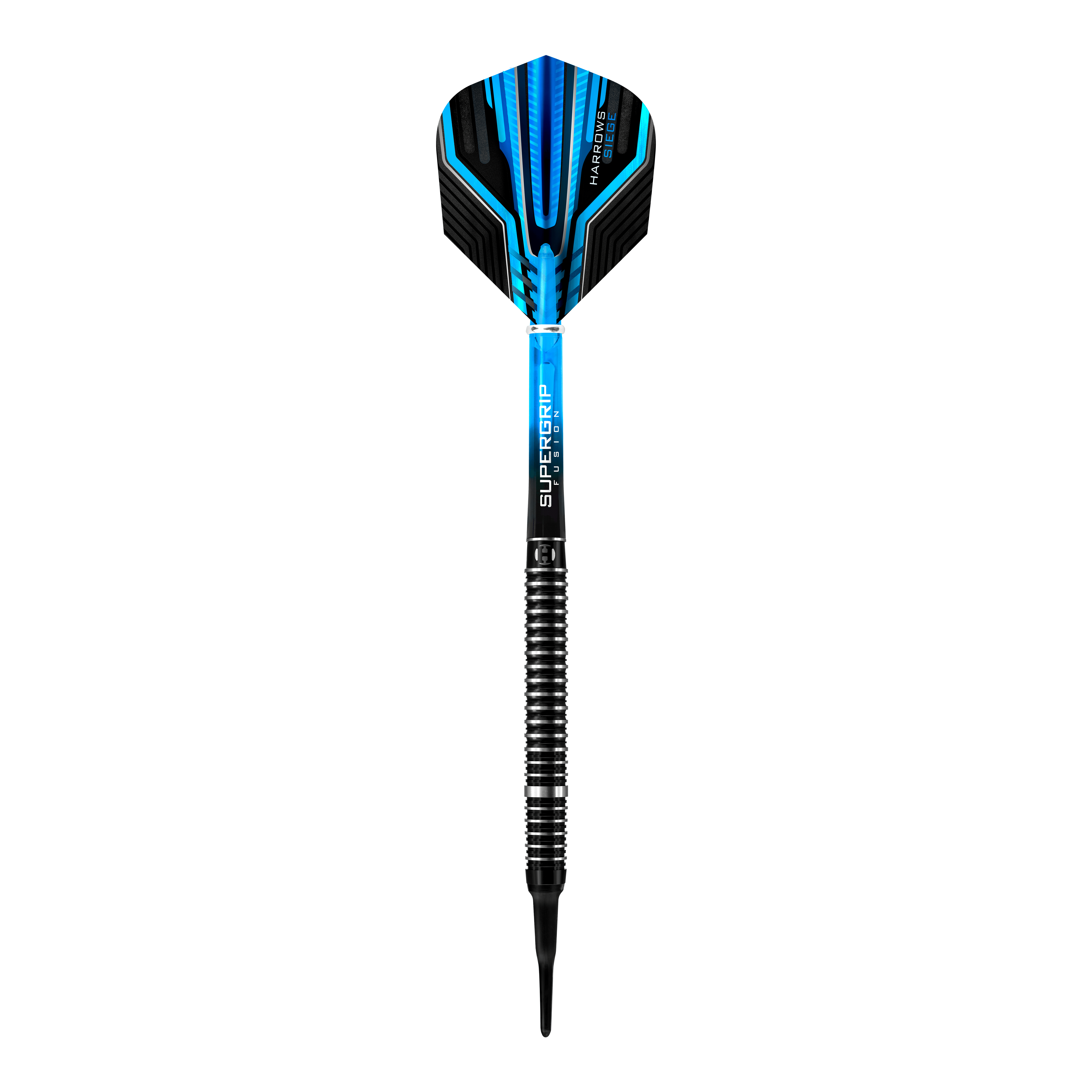 Harrows Siege Softdarts Dies ist ein Harrows Siege Softdart mit einem modernen, blauen Design. Der Dart hat einen schwarzen gerillten Griff und eine auffällige Flight.