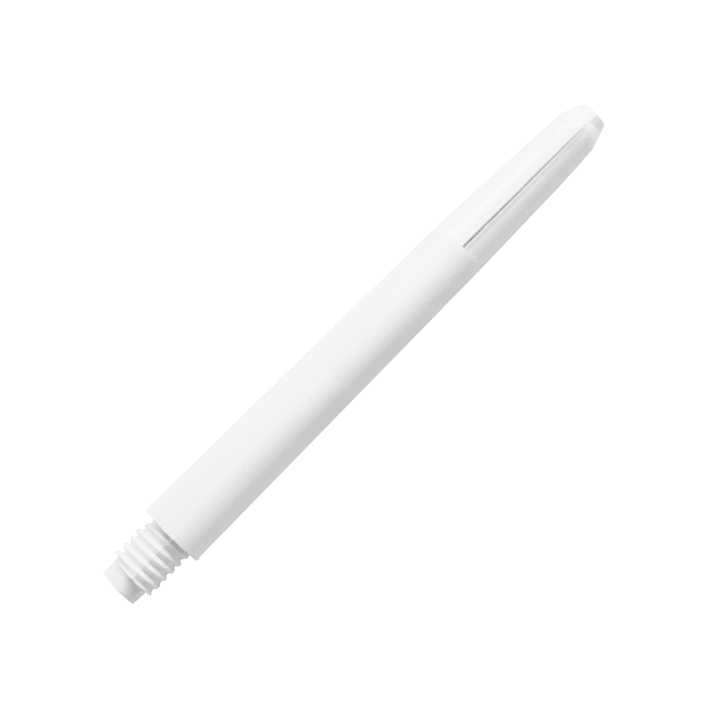 583_Nylon_Shafts_Schneeweiss_48mm_2IoLw3kXGA4734 Das Bild zeigt einen weißen Nylon-Schaft mit Gewinde am Ende. Der Schaft ist schlank und hat eine glatte Oberfläche.