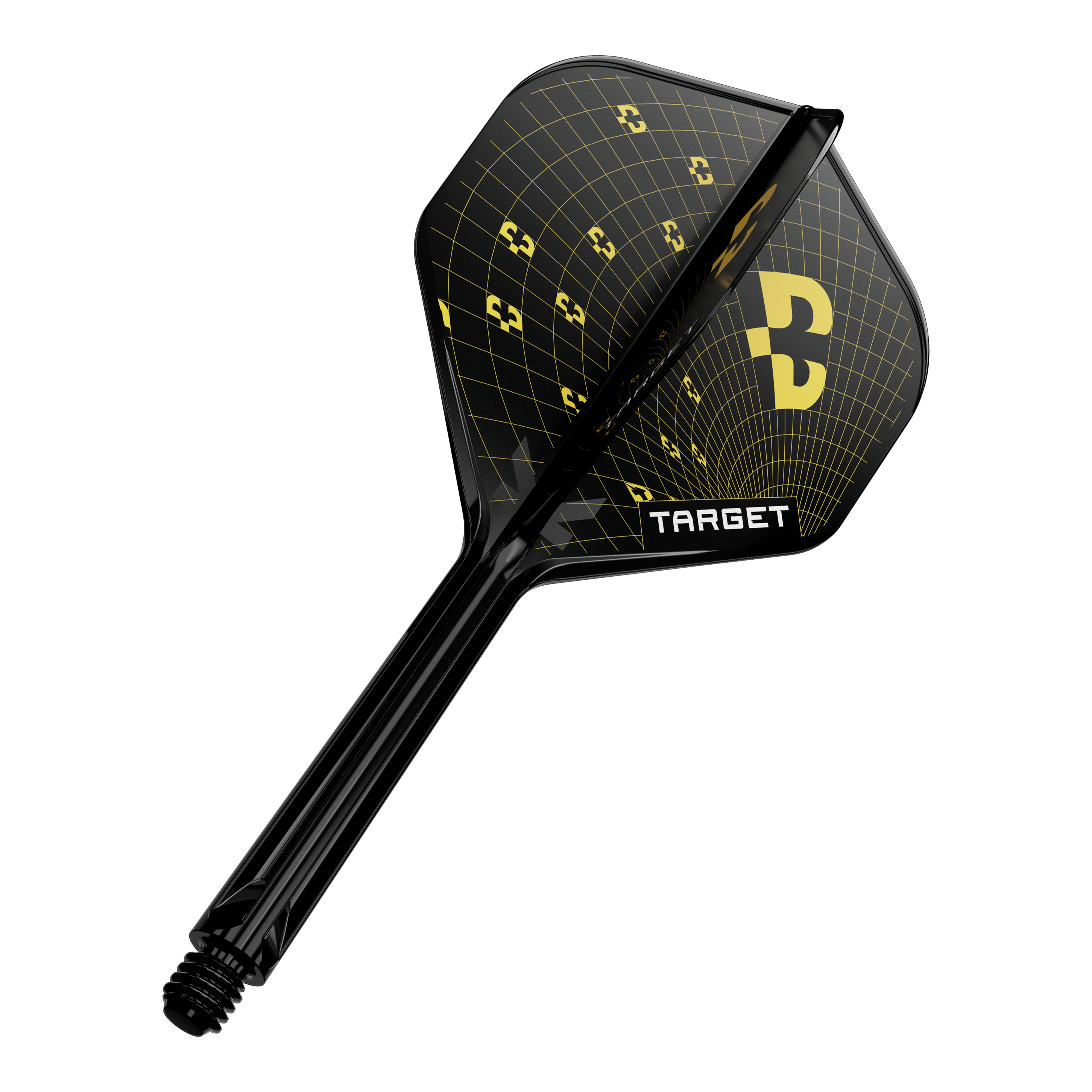 Abgebildet ist ein einzelnes Target K-Flex Bolide No2 Standard Flight mit 33mm Länge. Das Dart Flight ist deutlich erkennbar.