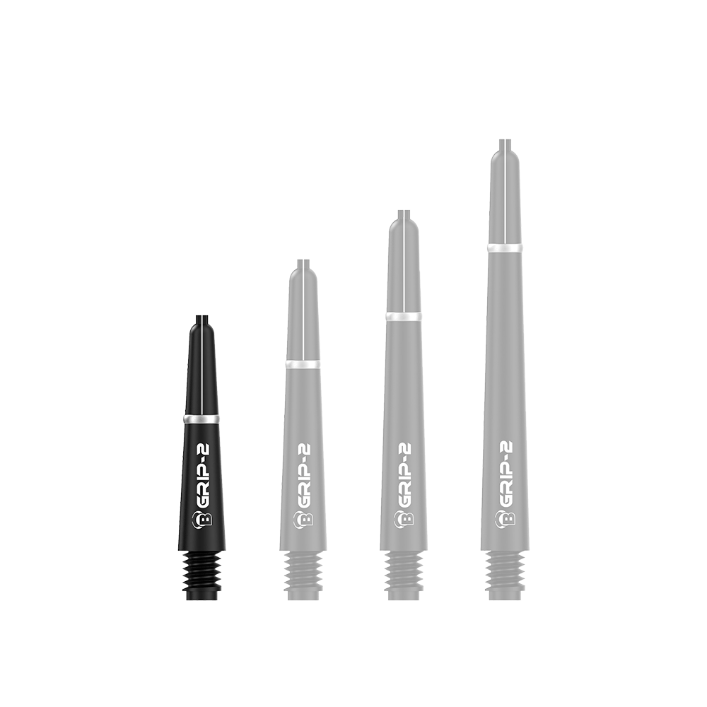 BS55081_Bulls_B-Grip-2_SL_Shafts_Schwarz_28mm_1vCrZ6Xj5sRYNT Das Bild zeigt vier schwarze Bulls B-Grip-2 SL Shafts in unterschiedlichen Längen. Sie sind für Dartpfeile gedacht und haben ein schlichtes, modernes Design.