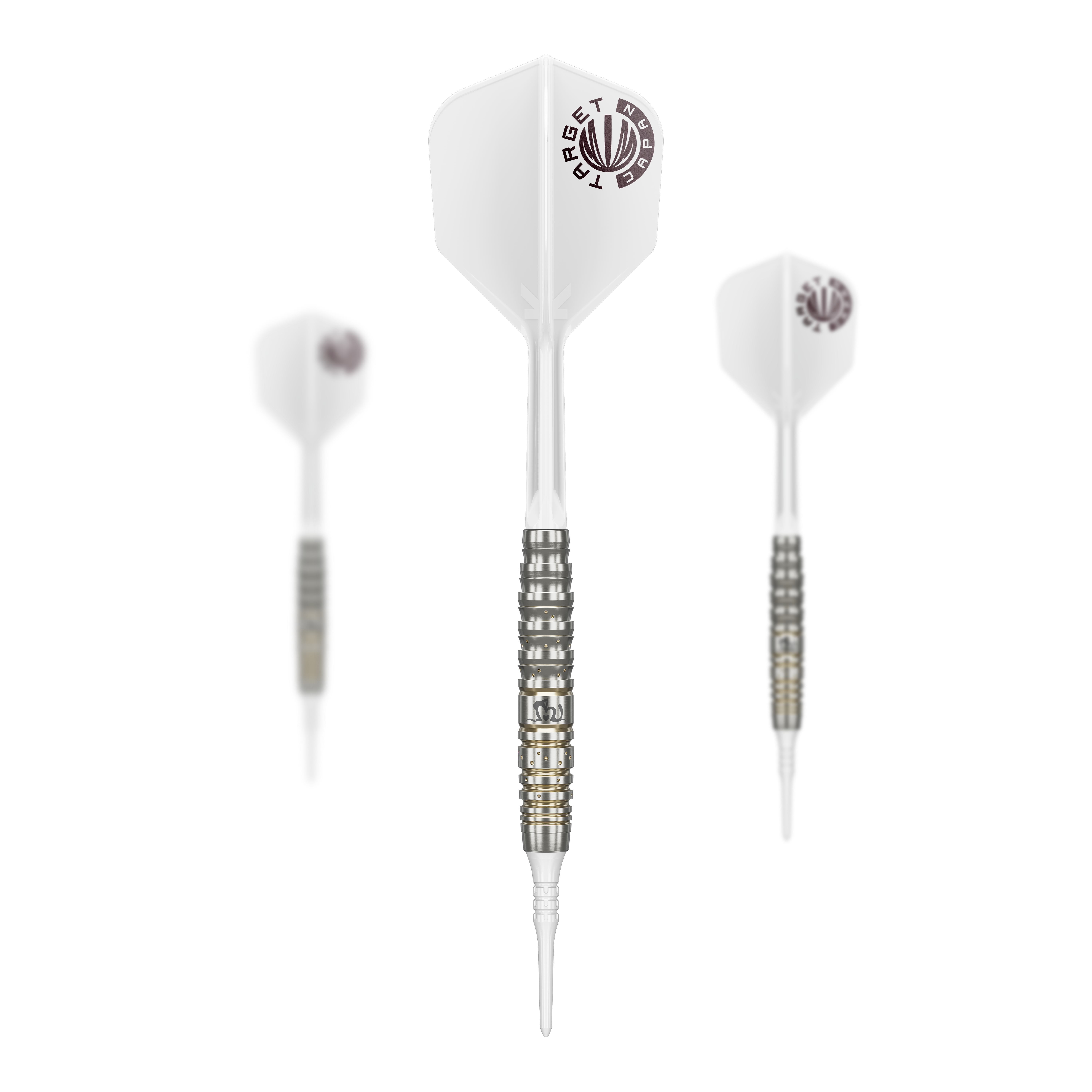 Dardos blandos Target Japan Prime Series Mayujo Morita GEN6 - 18 g Das Bild zeigt drei Softdarts der Serie „Target Japan Prime Series Mayujo Morita GEN6“ mit einem Gewicht von 18g. Die Darts haben weiße Flights und einen silber-schwarzen Barrel mit goldenen Akzenten.