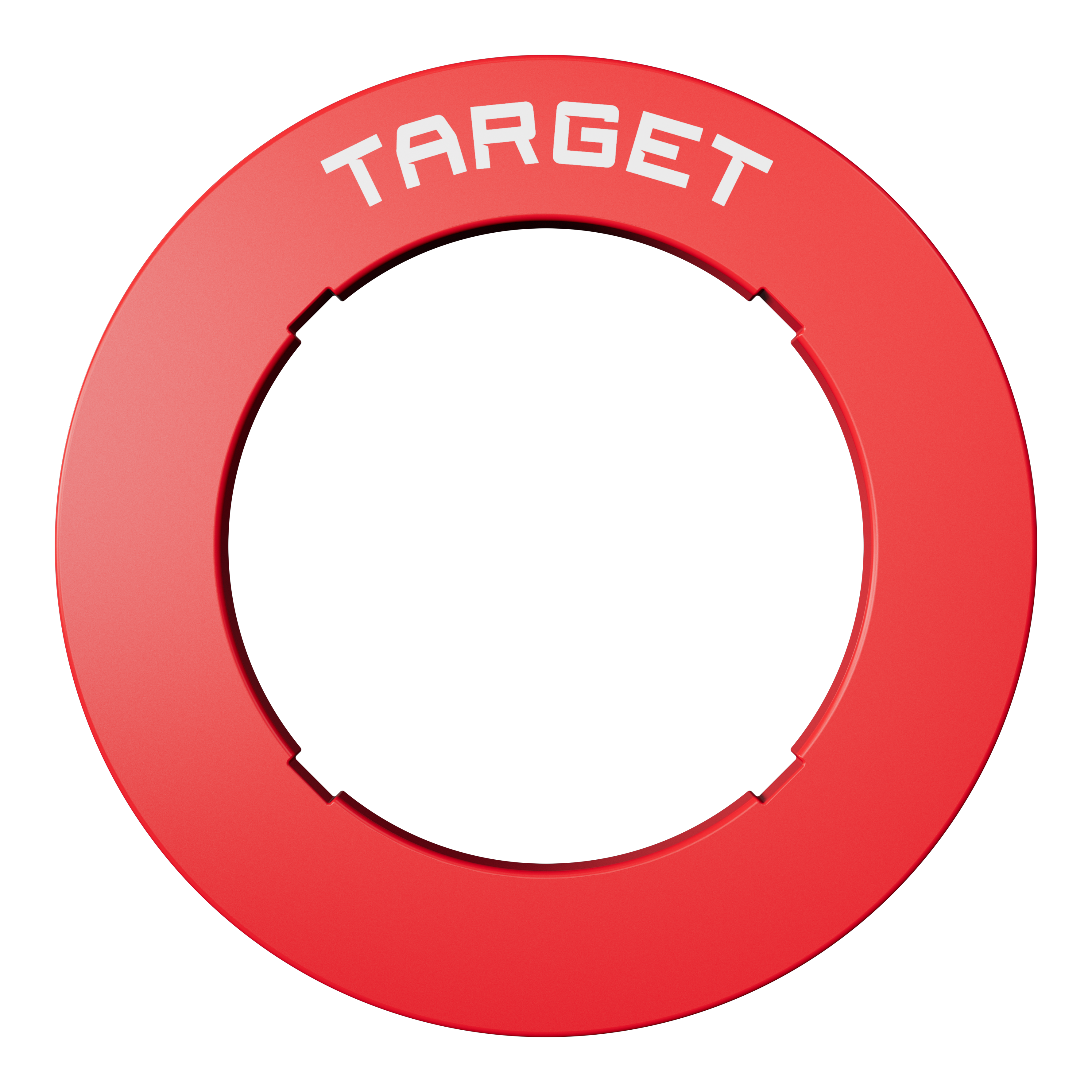 Obložení terče s vroubkovaným terčem Eine rote Dartboard-Umrandung ist zu erkennen. Die Form ist rund und die Farbe auffällig.