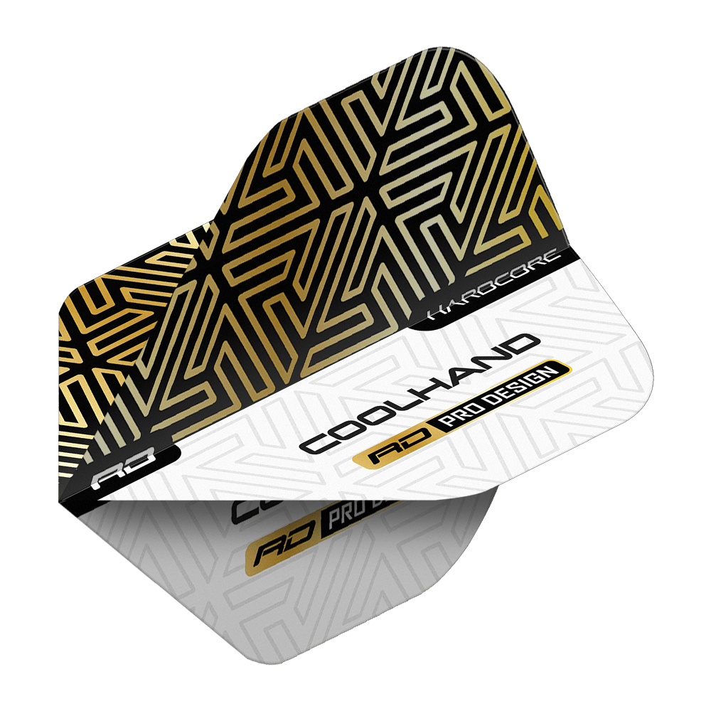Red Dragon Hardcore Luke Humphries Zlatobílé Prémiové Standardní Letky Das Bild zeigt ein Dartflight mit einem gold-schwarzen und weißen geometrischen Muster. Auf dem Flight stehen die Wörter "COOLHAND", "RD PRO DESIGN" und "HARDCORE".