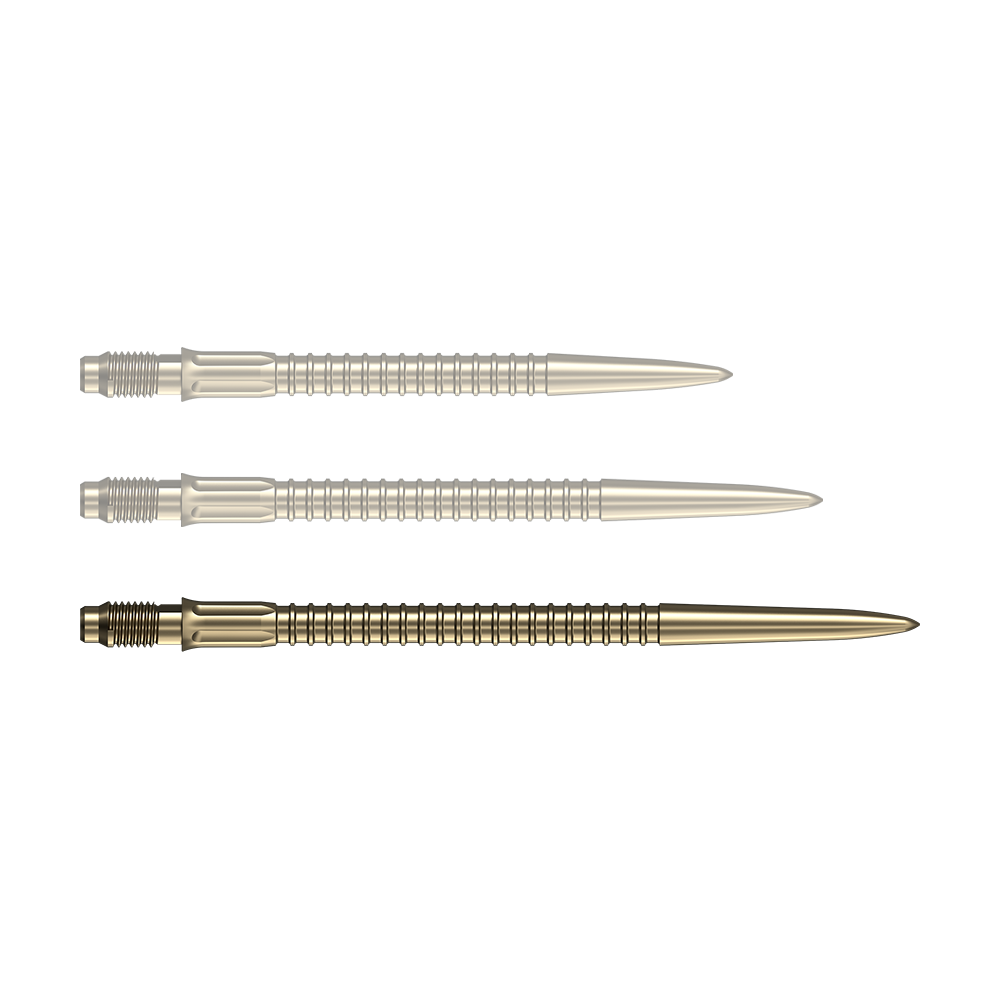 Zu sehen ist eine einzelne goldene Dartspitze der Serie Mission R25 Rapid Point mit 40mm Länge. Die Spitze ist für den Einsatz beim Dartspiel geeignet.