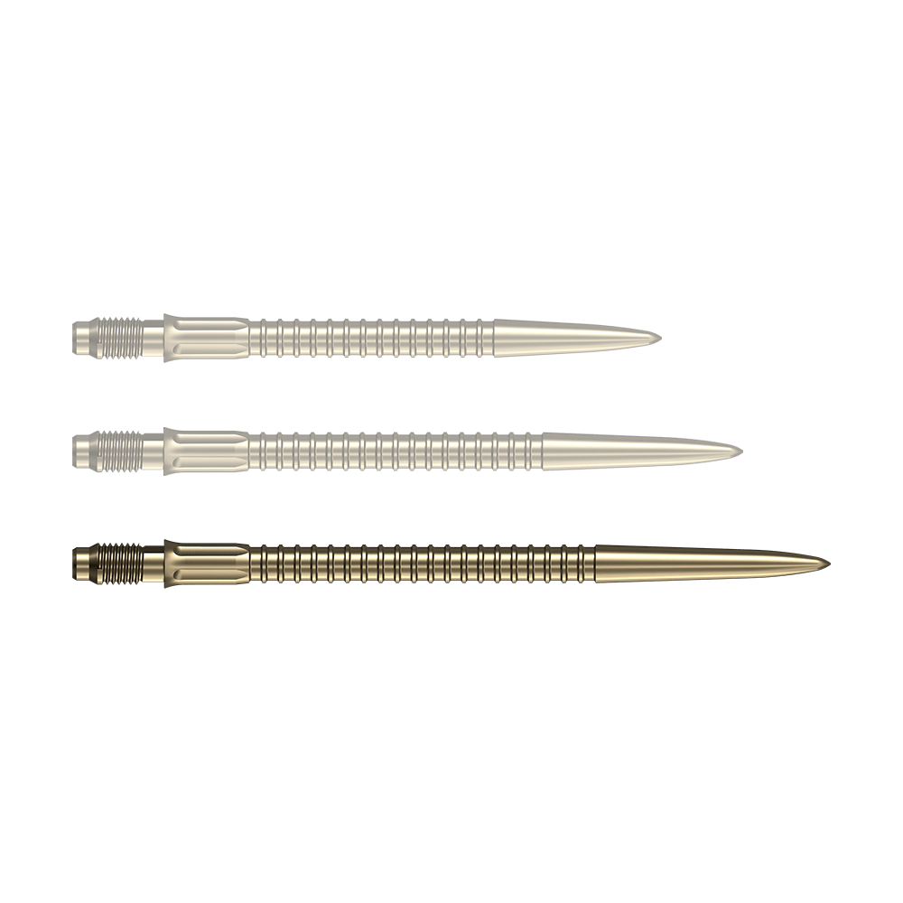 Mission R2.5 Rapid Point GV1 Dartspitzen - Gold Zu sehen ist eine einzelne goldene Dartspitze der Serie Mission R25 Rapid Point mit 40mm Länge. Die Spitze ist für den Einsatz beim Dartspiel geeignet.