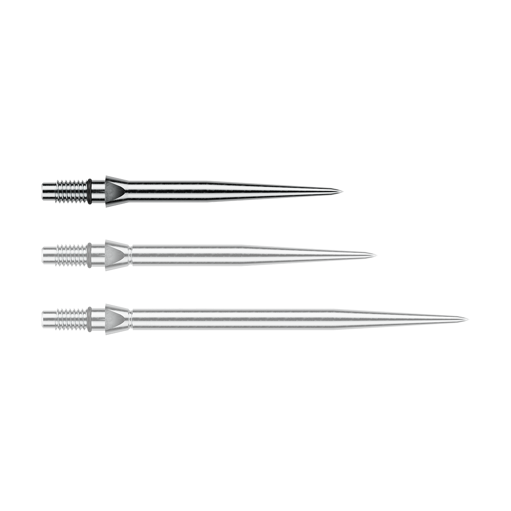 Das Bild zeigt eine silberne Steeldartspitze mit glattem Design. Die Länge beträgt vermutlich 26 mm.
