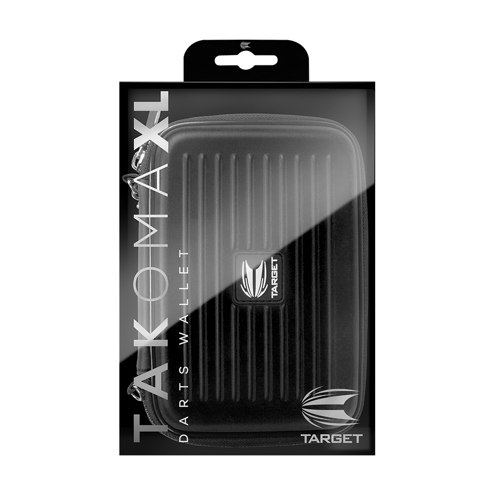 125828_Target_Takoma_XL_Dartwallet_Schwarz_3 Das Bild zeigt das Produkt "Target Takoma XL Dartwallet" in seiner Verpackung. Die Darttasche ist schwarz und hat ein modernes, geriffeltes Design mit dem Target-Logo auf der Vorderseite.