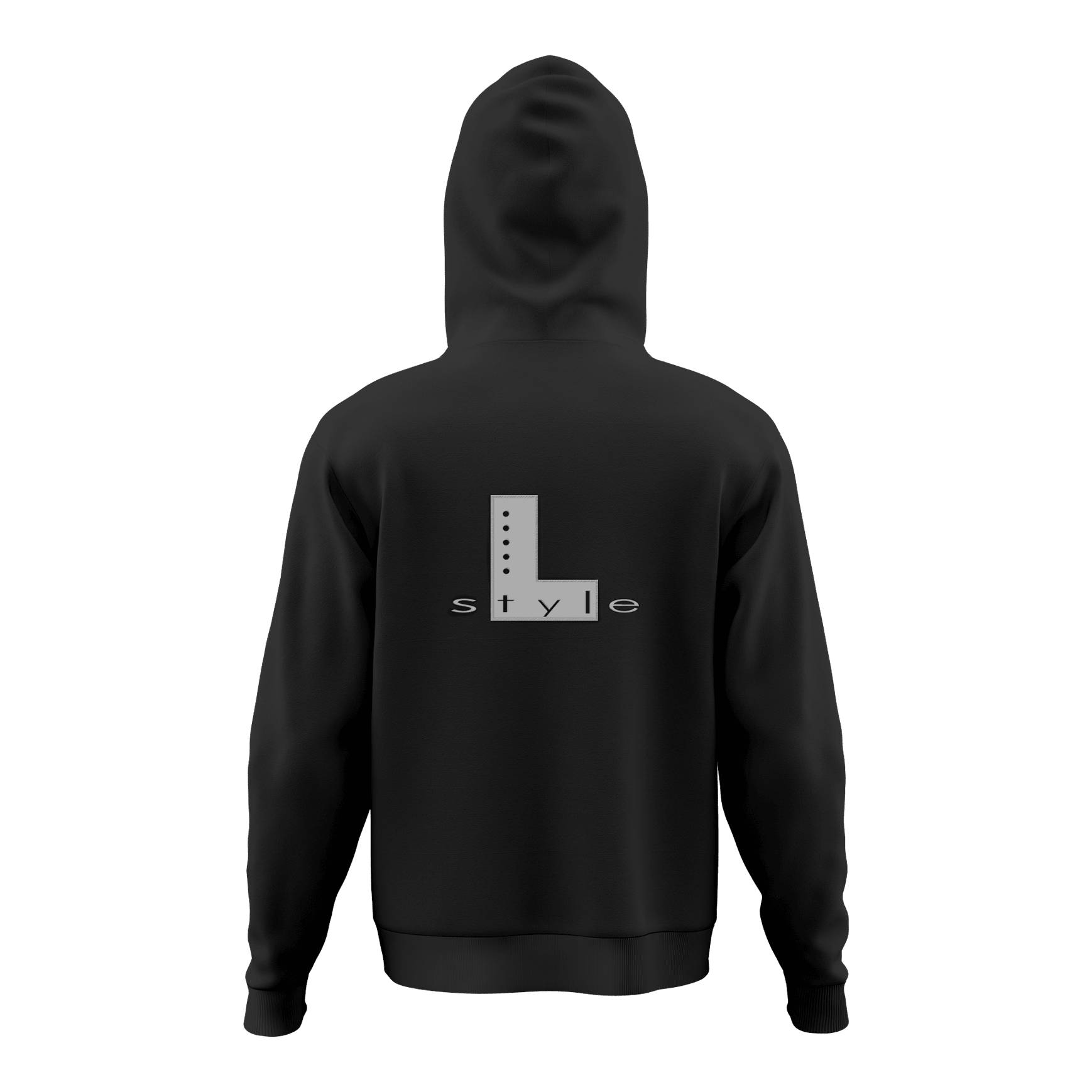 L-Style Hoodie - Schwarz Der Hoodie ist schwarz und hat auf dem Rücken ein großes "L style"-Logo in Grau. Das Design ist schlicht und modern gehalten.