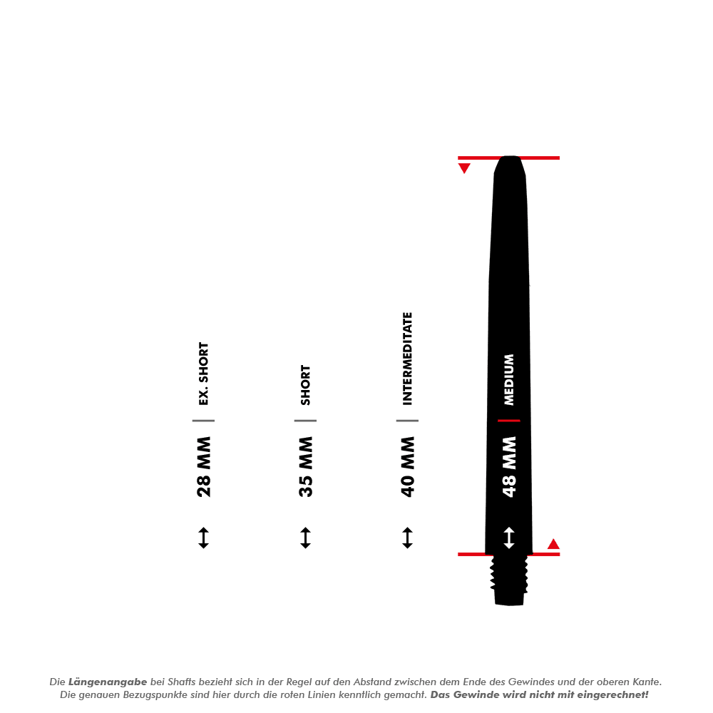 565_Nylon_Shafts_5_48mmB0amRKj8z3k8p Das Bild zeigt verschiedene Längen der Nylon Shafts - Schneeweiß, von Extra Short (28 mm) bis Medium (48 mm). Die Maße beziehen sich auf den Abstand zwischen dem Ende des Gewindes und der oberen Kante, das Gewinde wird dabei nicht mitgerechnet.