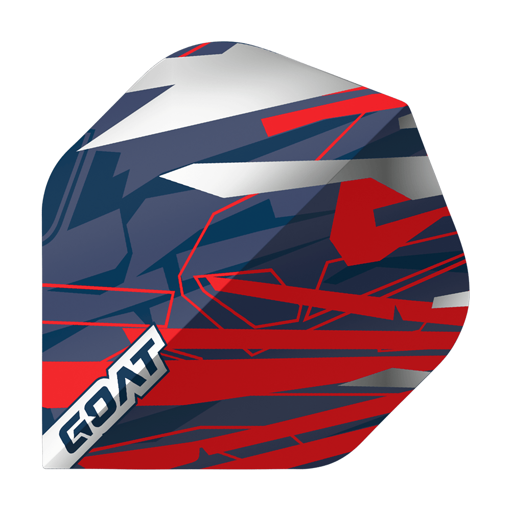 GOAT Homerun No2 Standard Flights Das Bild zeigt das Produkt "GOAT Homerun No2 Standard Flights". Es hat ein auffälliges Design in den Farben Blau, Rot, Weiß und Silber mit geometrischen Mustern und dem Schriftzug "GOAT" in einer Ecke.