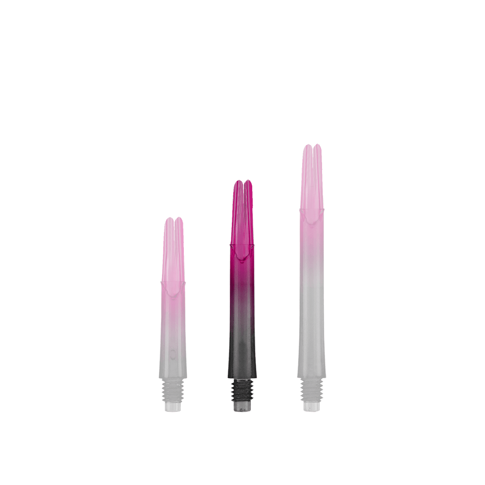Asta a L stile L bloccata dritta Natural9 Aste bicolore - rosa Auf dem Bild sind drei unterschiedlich lange, zweifarbige Dartschäfte zu sehen. Sie sind unten schwarz und gehen nach oben in ein kräftiges Pink über.