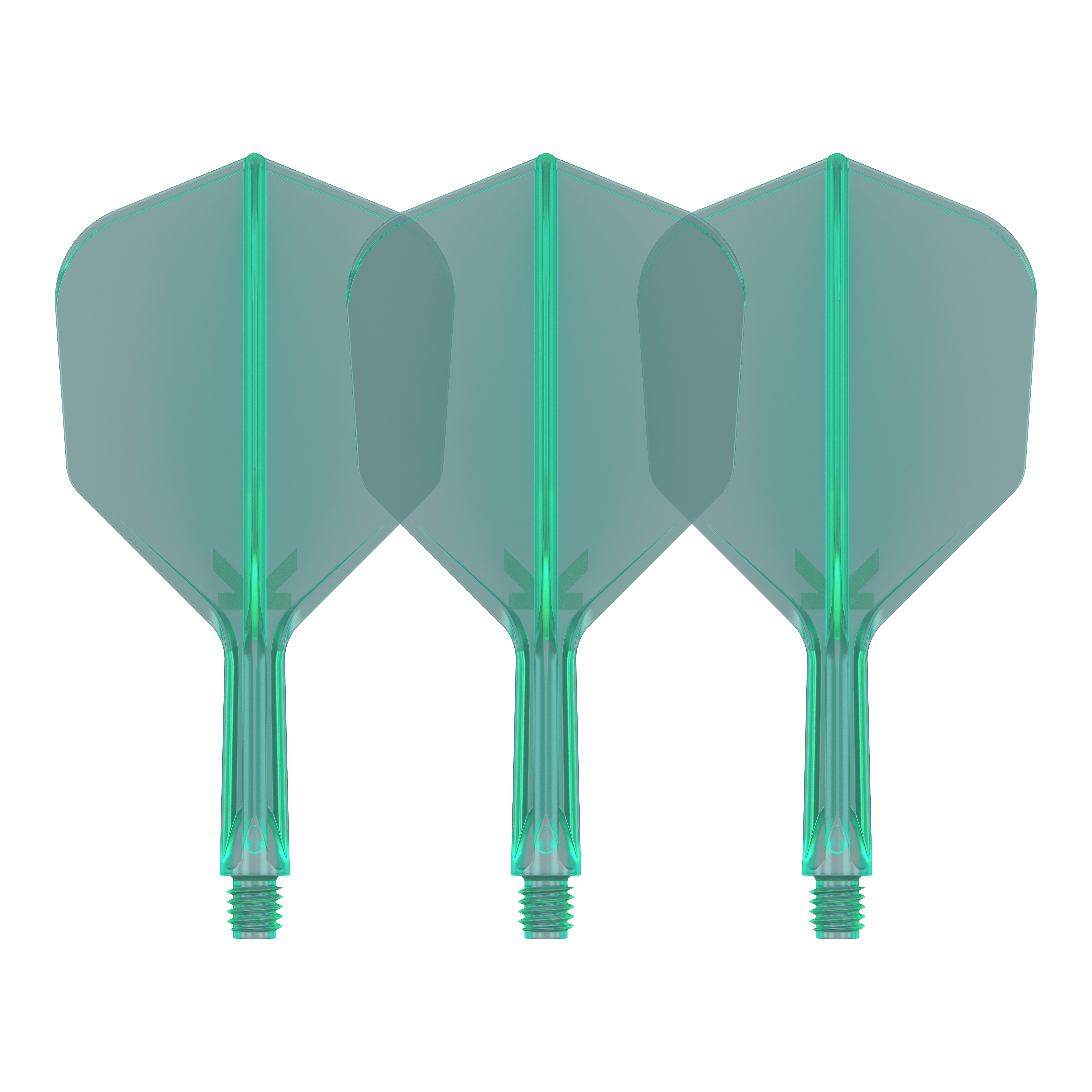 System lotu Target K-Flex No6 – zielony Auf dem Bild sind drei grüne Dartflights mit integriertem Schaft zu sehen. Sie stehen nebeneinander und haben eine transparente Optik.