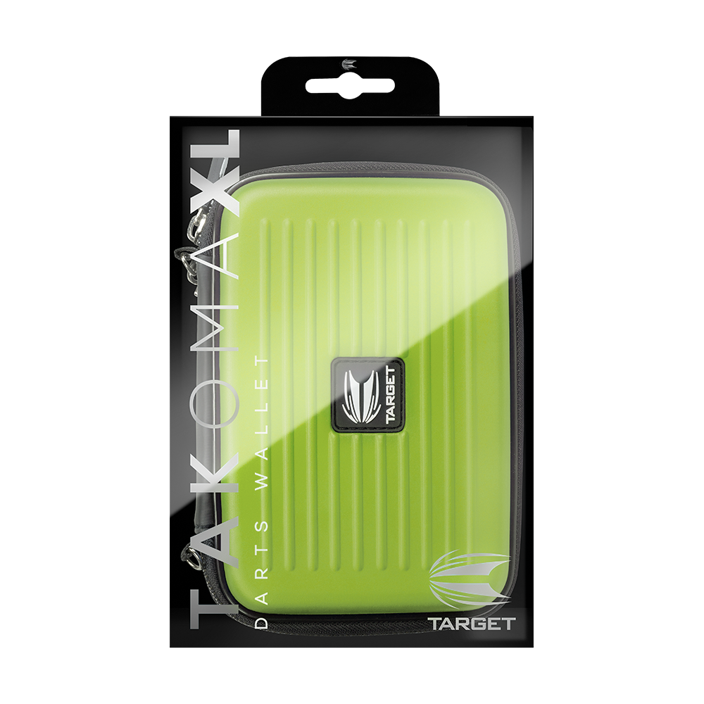 125858_Target_Takoma_XL_Dartwallet_Gr-n_3 Das Bild zeigt das Produkt "Target Takoma XL Dartwallet" in einer Verpackung. Das Dartwallet ist grün und hat ein modernes, geriffeltes Design mit dem Target-Logo in der Mitte.