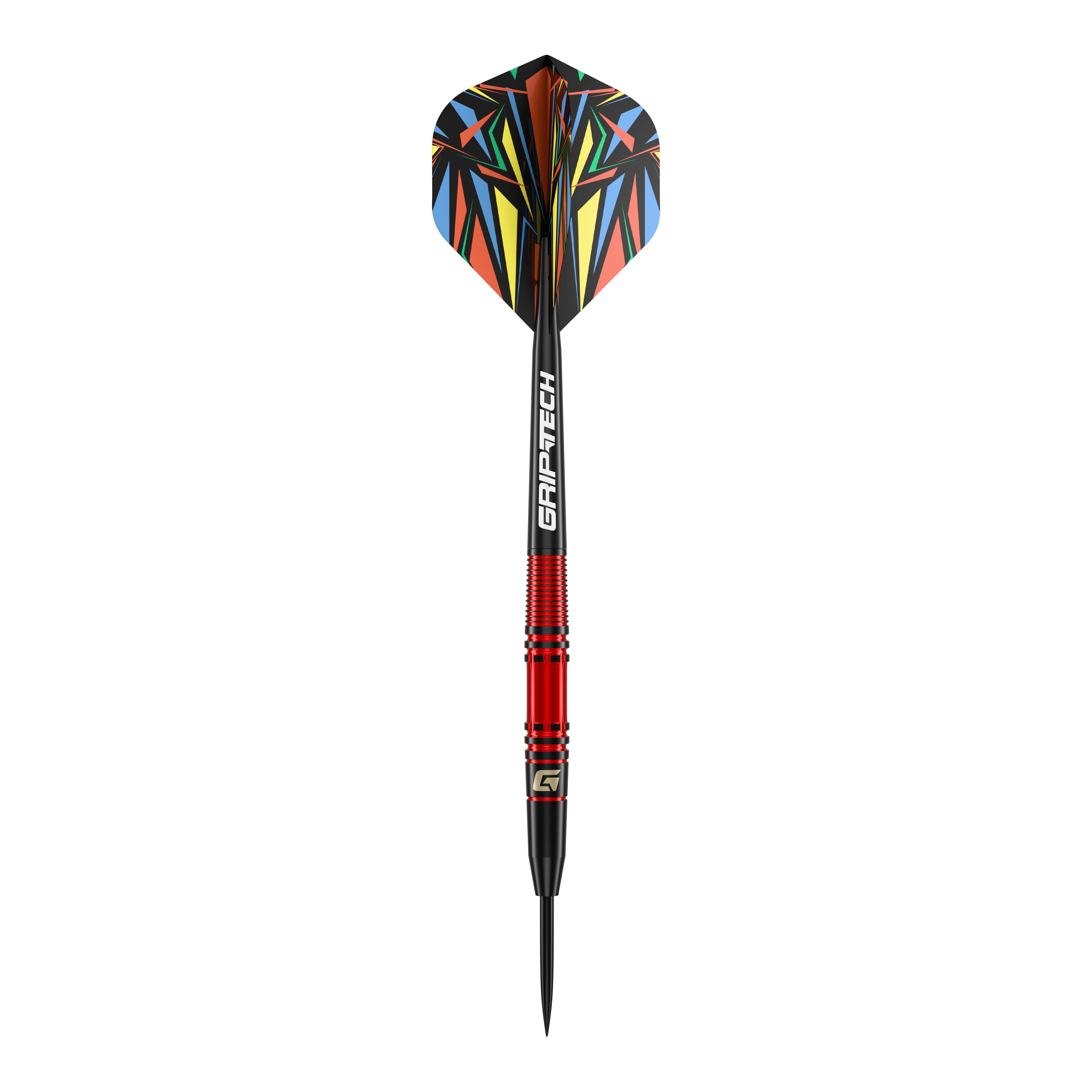 Ocelové šipky GOAT Athlete Red Brass - 11g Das Bild zeigt einen GOAT Athlete Red Brass Steeldart mit einem Gewicht von 11g. Er hat einen roten Schaft und bunte Flights mit geometrischen Mustern.