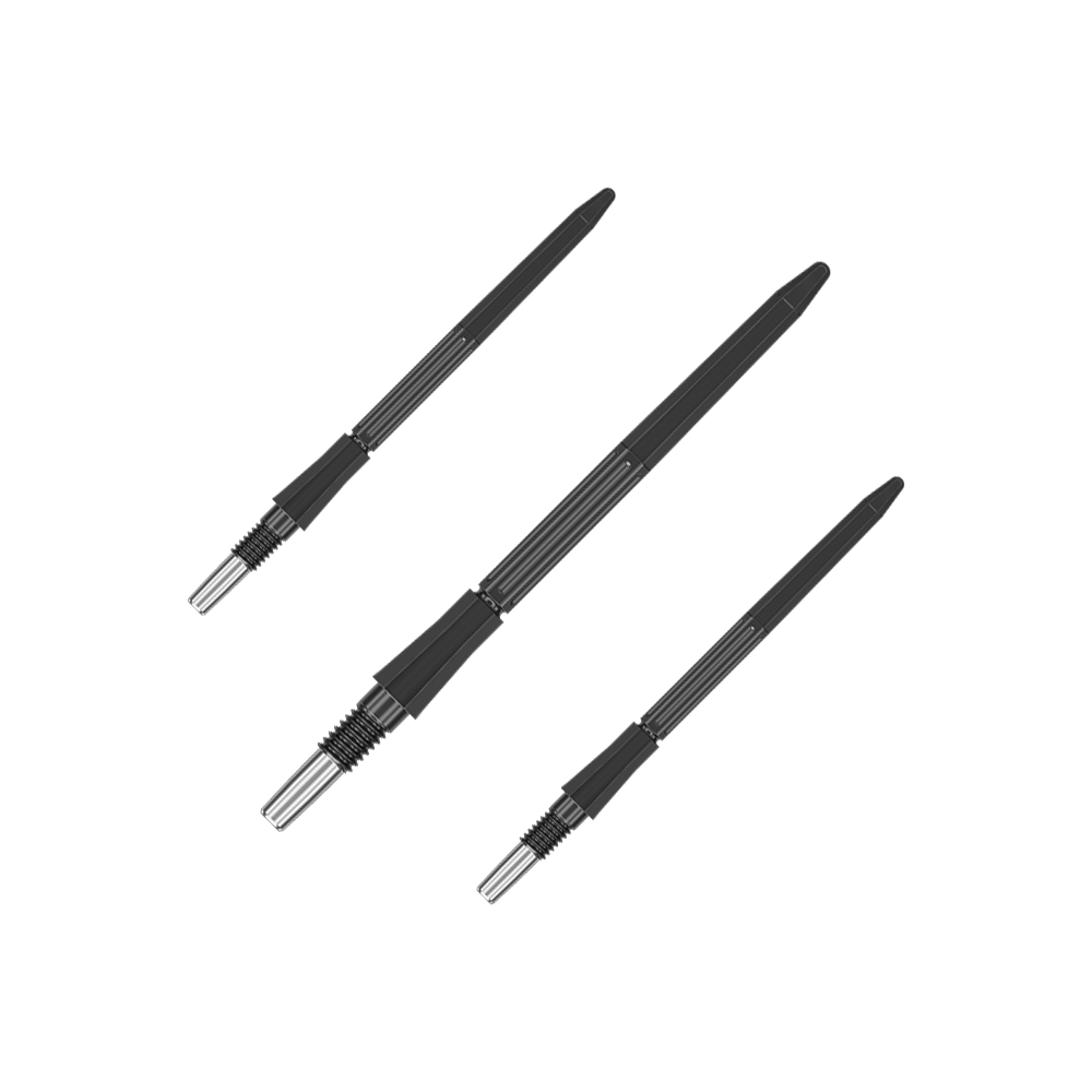 Target Elysian Archetype 43 Swiss Point Steeldartspitzen - Schwarz Das Bild zeigt ein Set schwarzer Dartspitzen. Die Dartspitzen sind jeweils 35 mm lang.