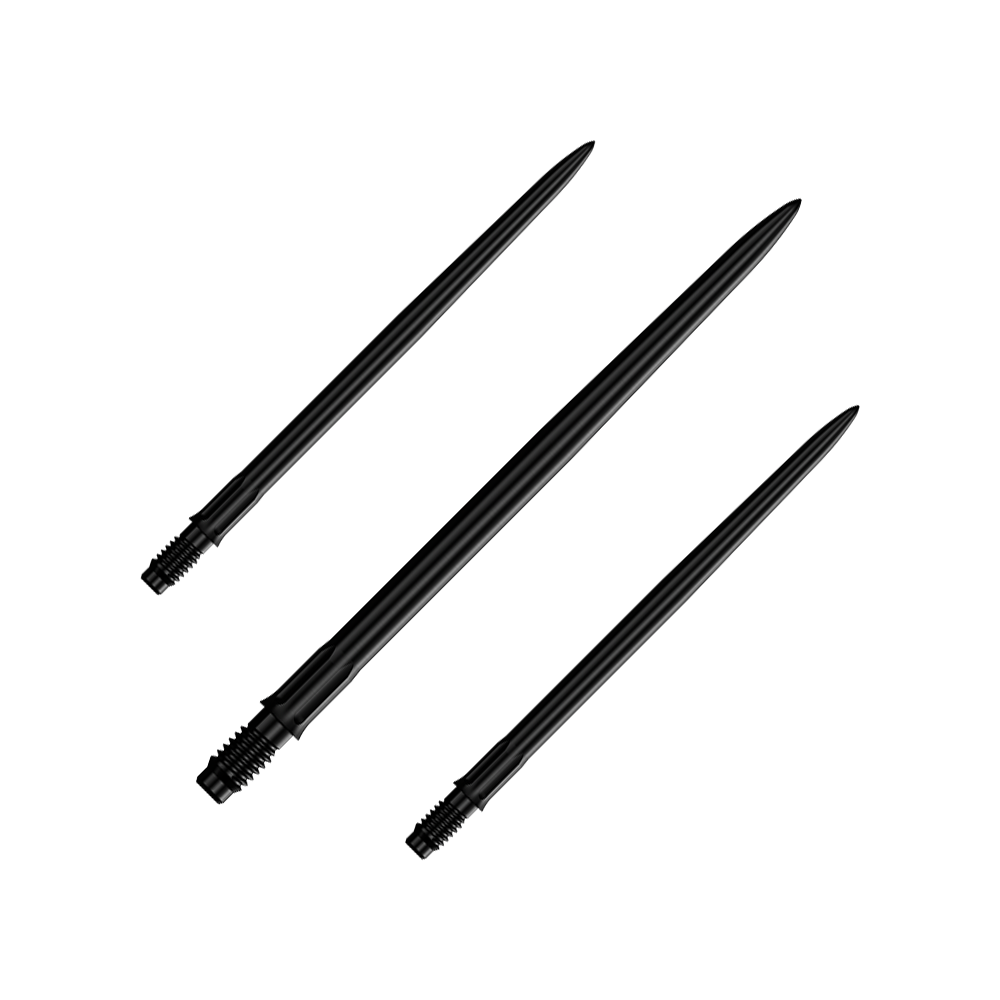 Das Bild zeigt ein Set schwarzer Dartspitzen mit einer Länge von 40mm. Es sind Mission R25 Rapid Point SM1 Dartspitzen abgebildet.
