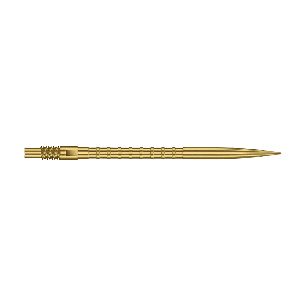 Das Foto zeigt eine 40 mm lange Harrows Quick Point Heavy Metal Grip Dartspitze in Gold. Die Spitze hebt den strukturierten Griff hervor.