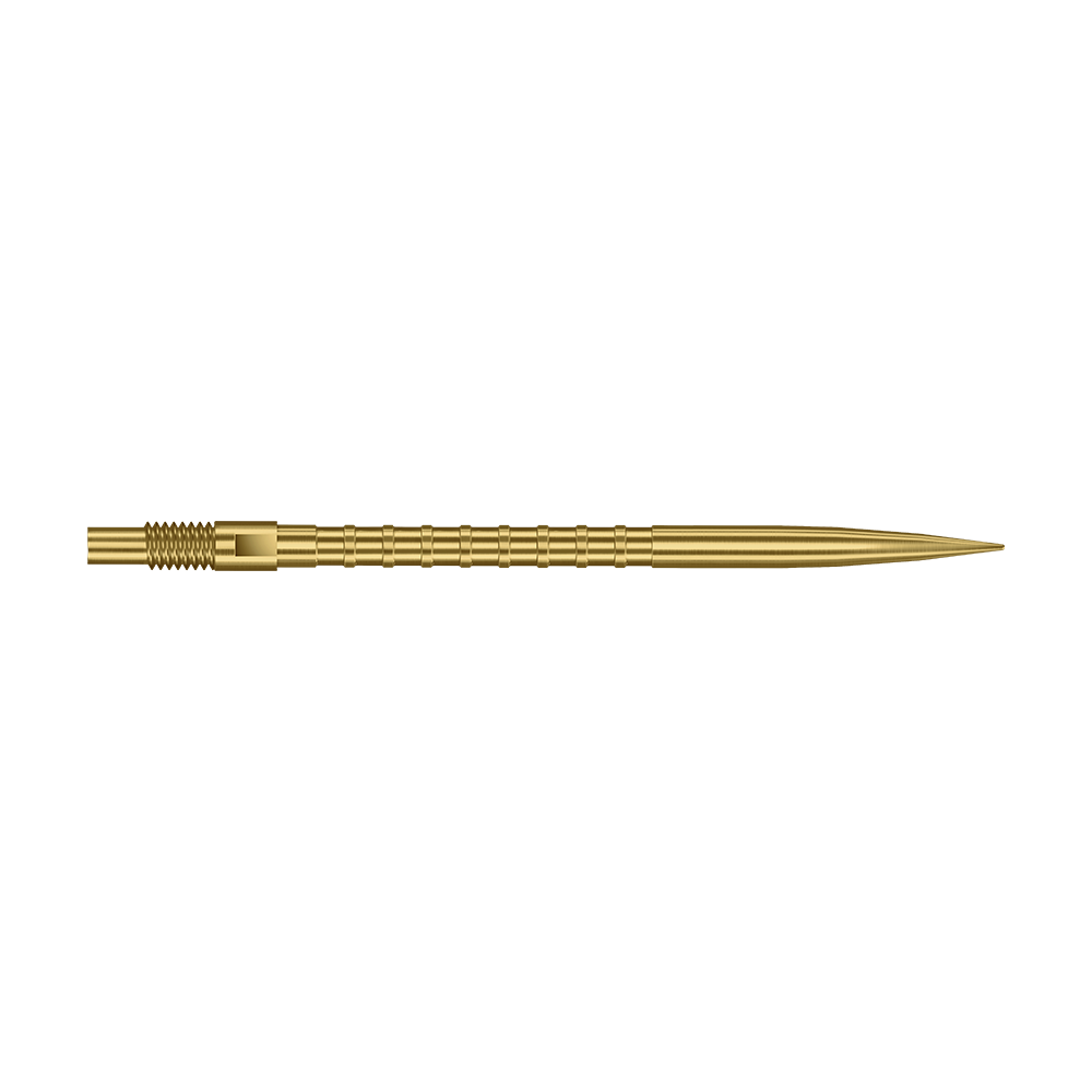 Harrows Quick Point Heavy Metal Dartspitzen - Gold Das Foto zeigt eine 40 mm lange Harrows Quick Point Heavy Metal Grip Dartspitze in Gold. Die Spitze hebt den strukturierten Griff hervor.