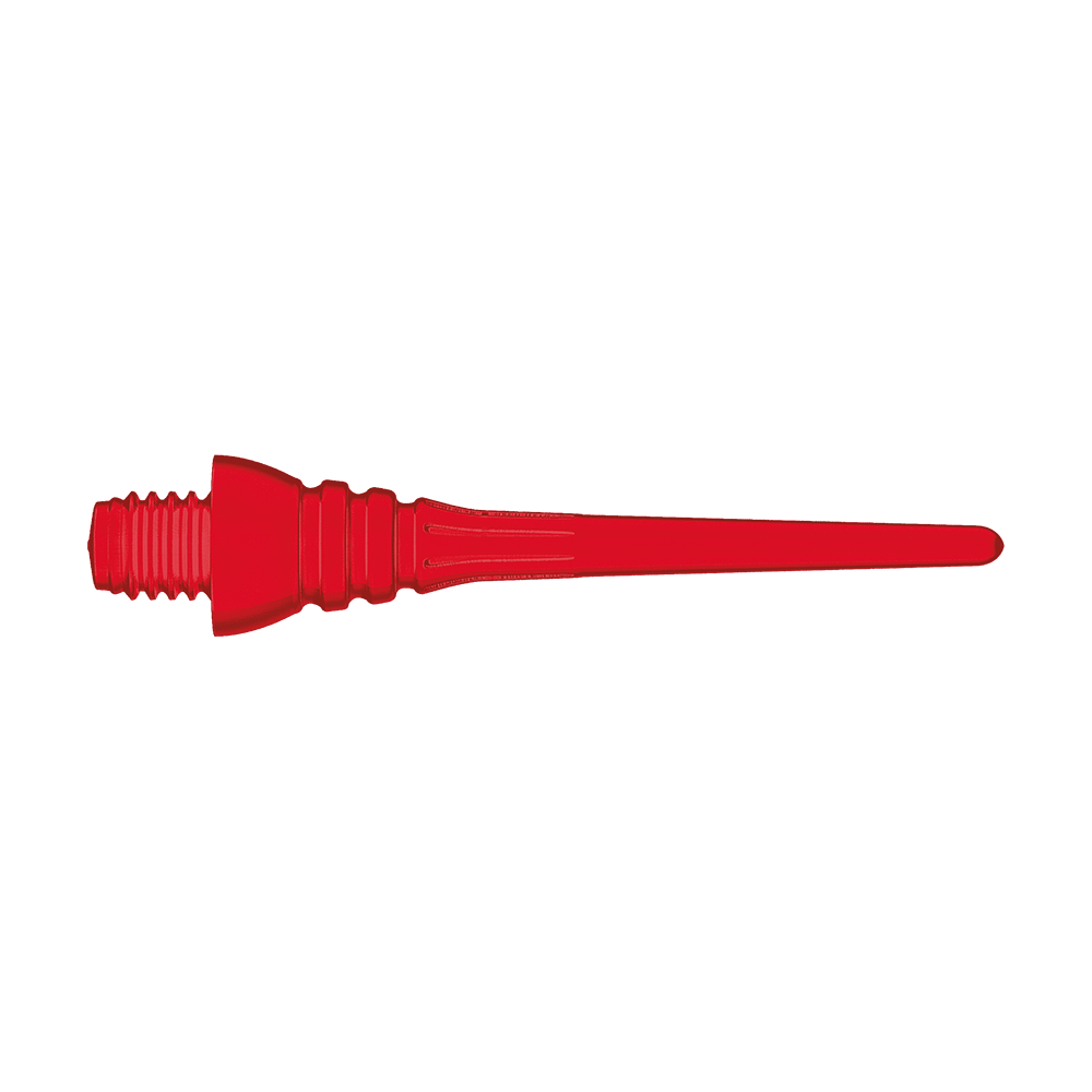 Winmau Triton Softtip Points Softdartspitzen (50-er Pack) Das Bild zeigt eine einzelne rote Softdartspitze mit Gewinde. Sie ist schlank und hat feine Rillen zur besseren Stabilität.