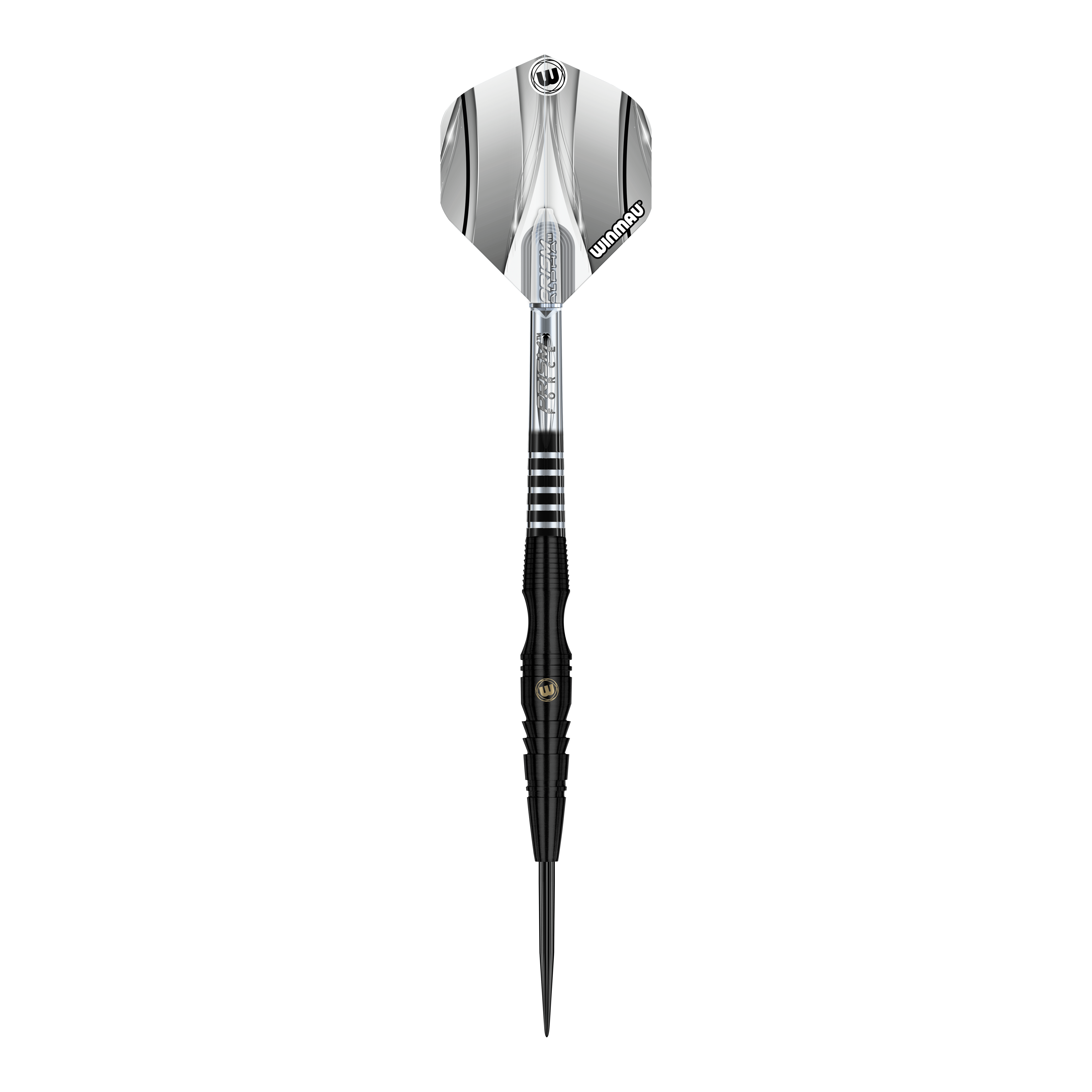 Stalowe lotki Winmau Sniper Black Das Bild zeigt einen Winmau Sniper Black Steeldart. Der Dart ist überwiegend schwarz mit silbernen Akzenten und einem stilvollen Design.
