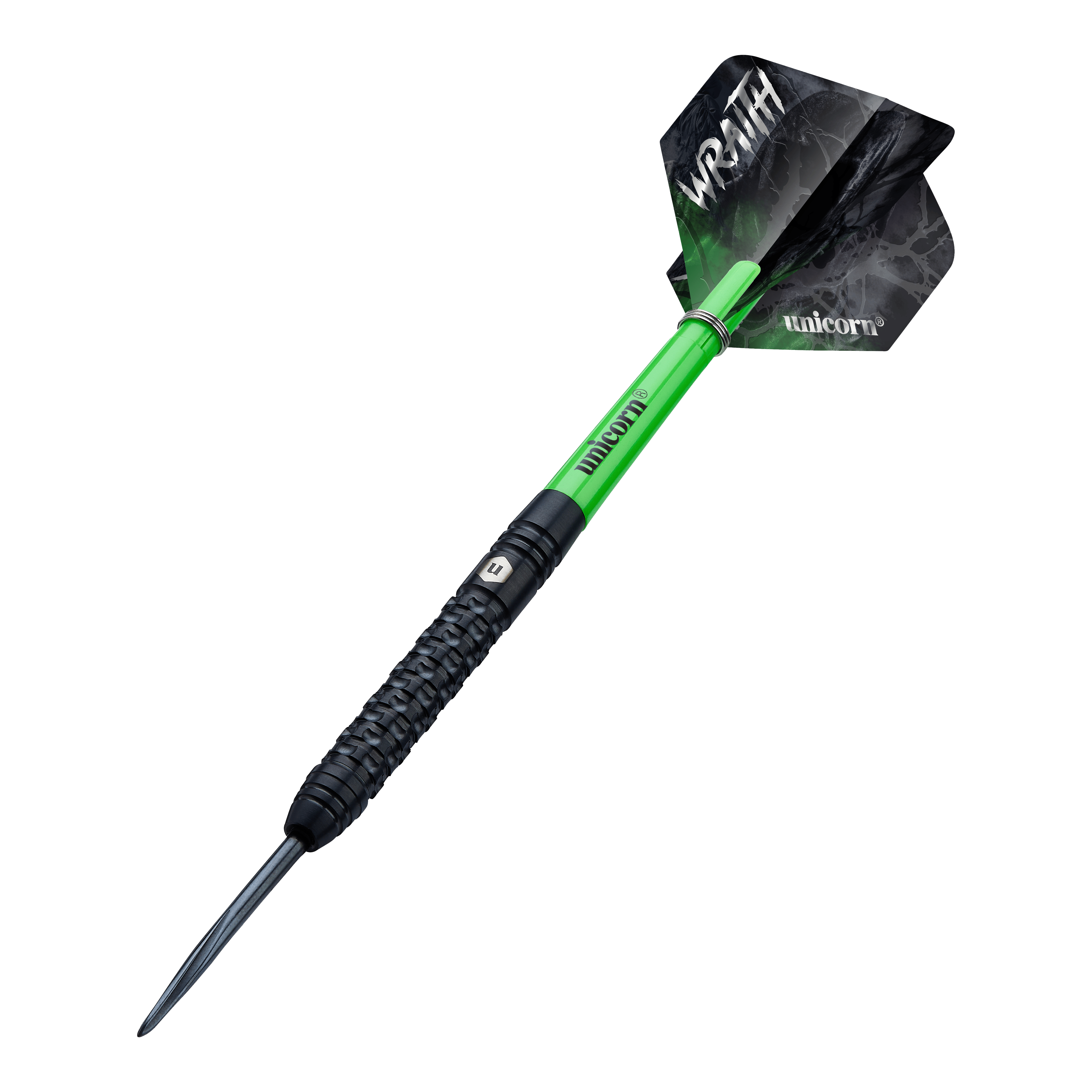 Stalowe lotki Unicorn Wraith Das Bild zeigt einen Unicorn Wraith Steeldart mit einem schwarzen und grünen Design. Auf den Flights stehen die Wörter "WRAITH" und "unicorn".