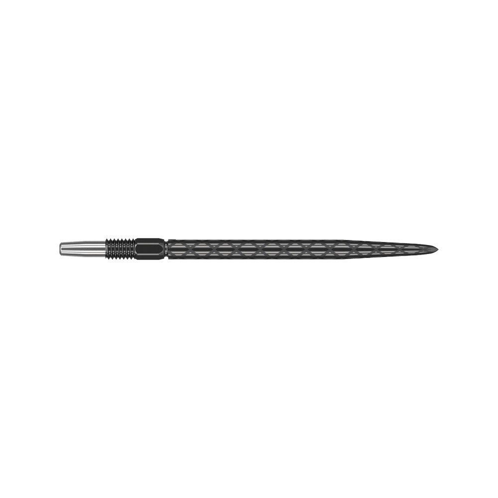 Pointes de fléchettes Target Swiss Diamond Pro Black Points Das Bild zeigt eine schwarze Dartspitze mit rautenförmiger Struktur. Sie ist lang und schmal mit einem silbernen Gewinde am Ende.