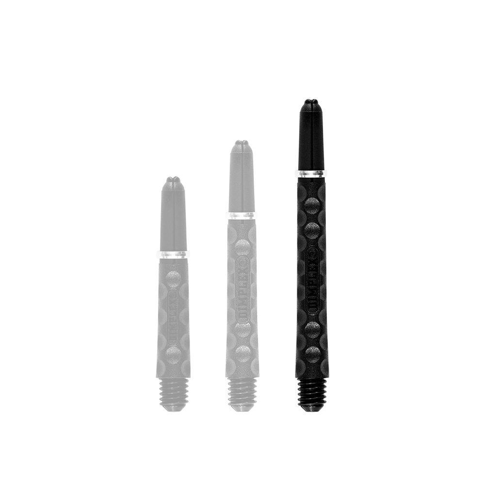 Harrows Dimplex Shafts - Schwarz Das Bild zeigt drei schwarze Dartschäfte in unterschiedlichen Längen. Sie haben eine strukturierte Oberfläche mit silbernen Ringen in der Mitte.