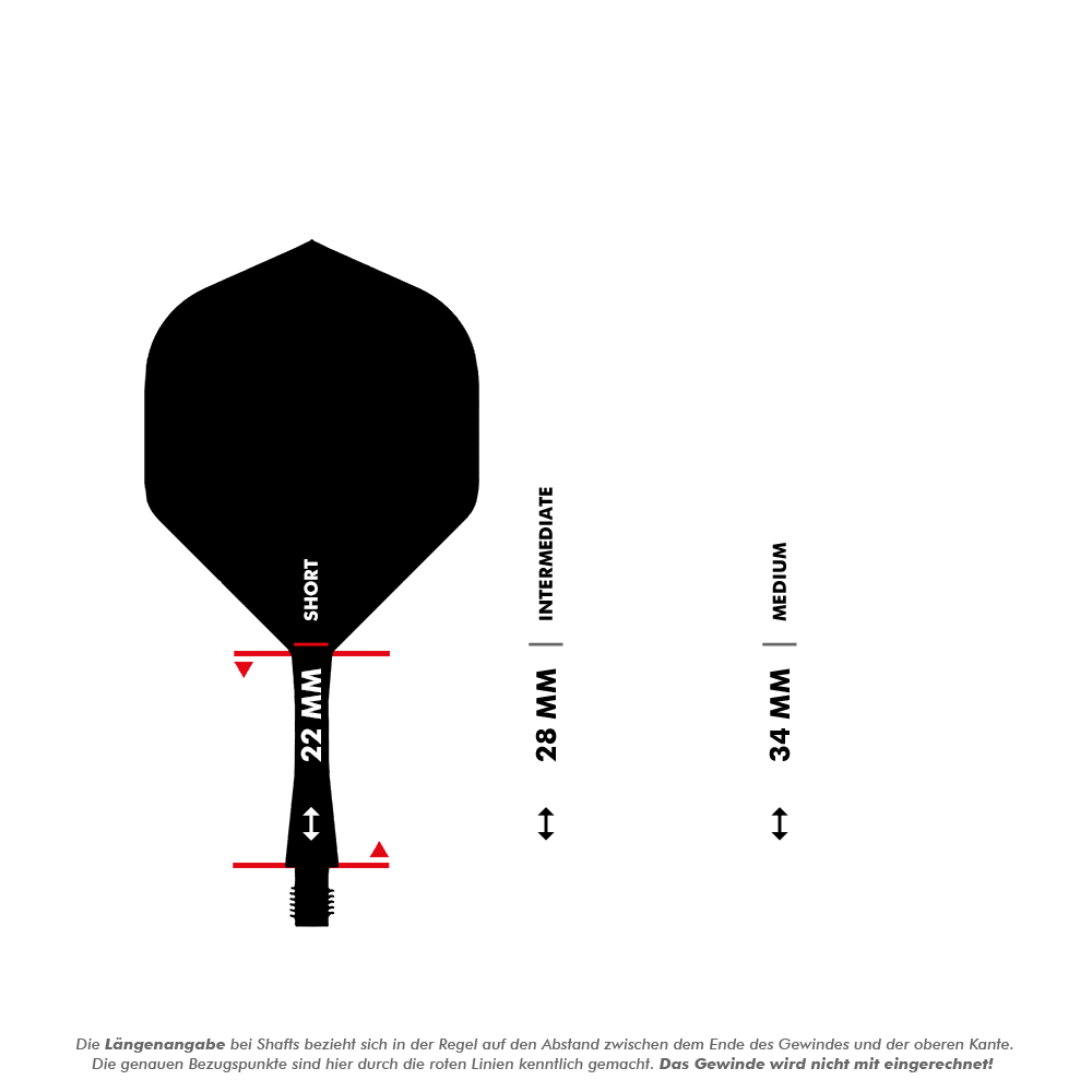 Sistema di alberi di volo Winmau Fusion standard giallo Das Bild zeigt die Längenangaben für verschiedene Dartshafts, wobei der kurze Shaft mit 22 mm gekennzeichnet ist. Außerdem sind die Längen für "Intermediate" mit 28 mm und "Medium" mit 34 mm dargestellt.