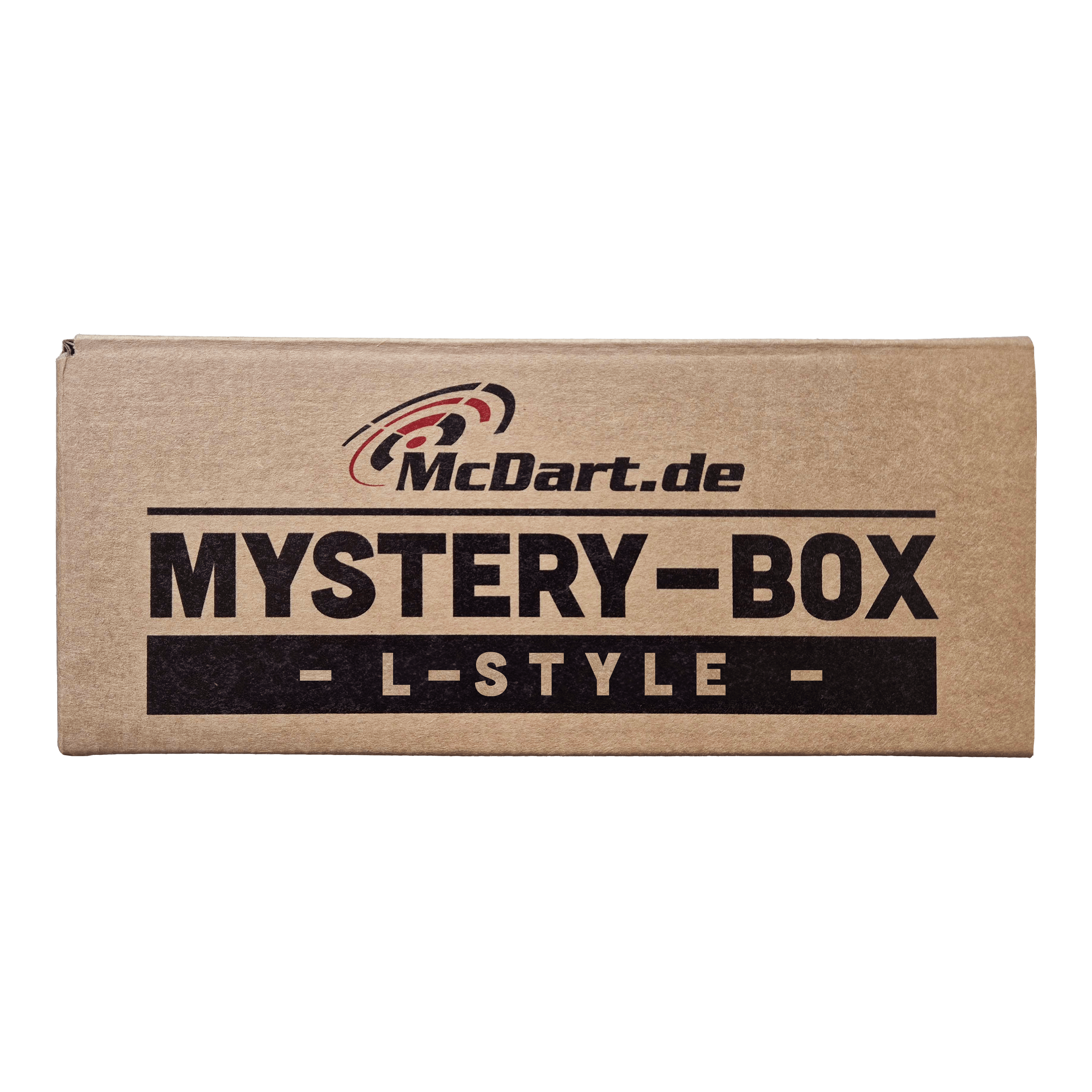 Scatola misteriosa McDart - Stile L Auf dem Bild ist eine braune Box mit der Aufschrift "McDart.de Mystery-Box - L-Style -" zu sehen. Die Box sieht verschlossen aus und weckt Neugier auf den Inhalt.