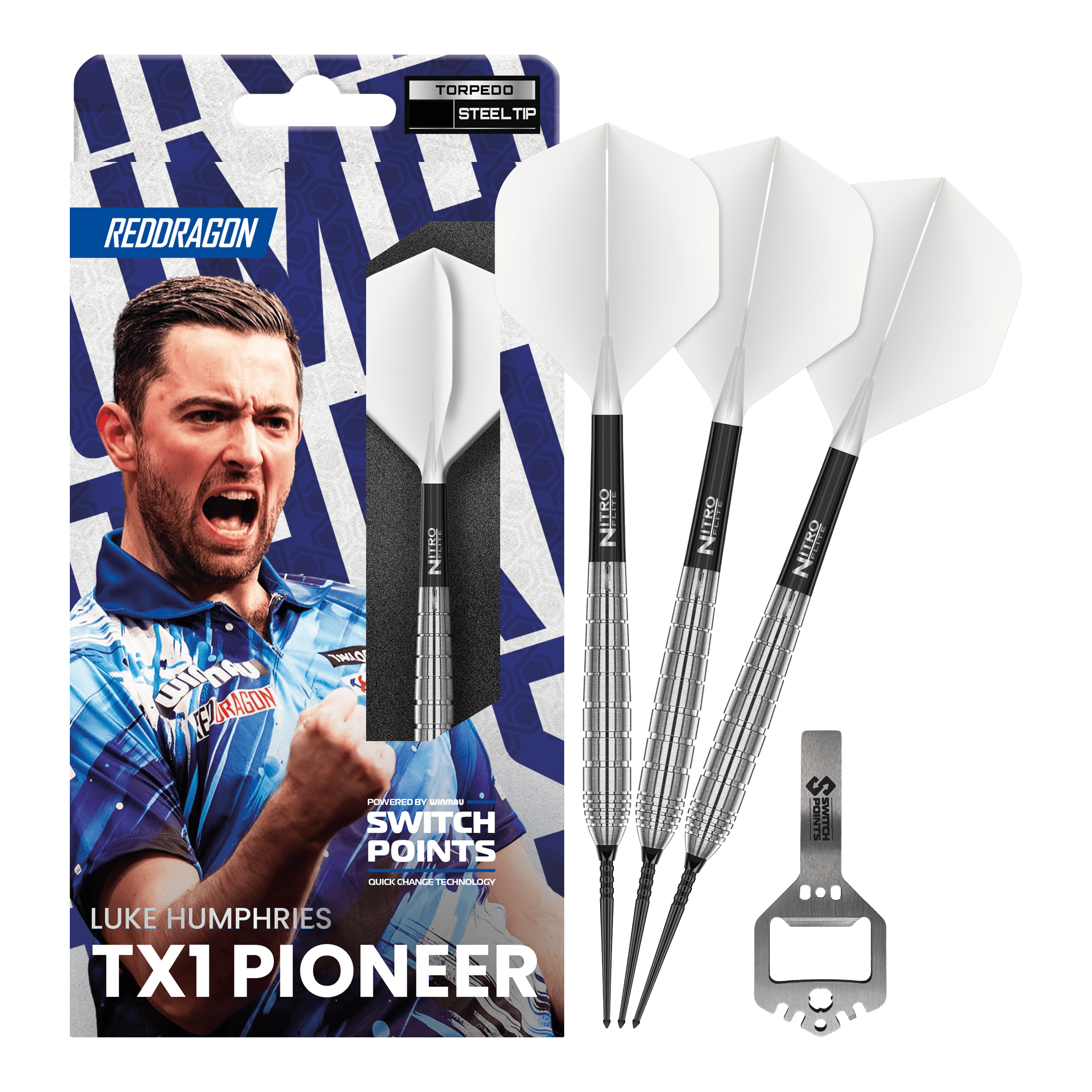 Dieses Bild zeigt die Red Dragon Luke Humphries TX1 Pioneer Switch Point Steeldarts in voller Ansicht. Die Darts sind für Präzision und hohe Leistung bekannt.
