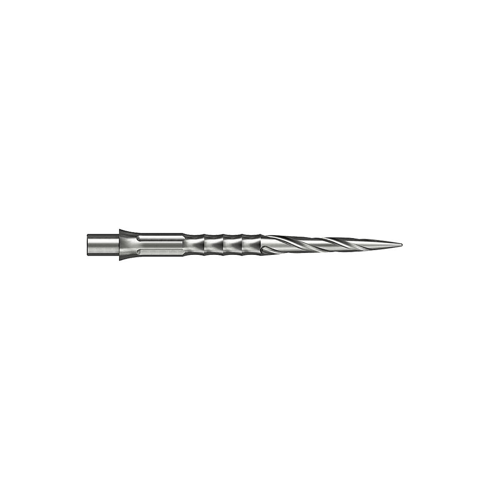 Pointes de fléchettes en acier Caliburn System - Spiro - NoLip - argent Zwei silberne Steeldartspitzen sind abgebildet. Die Spitzen sind 30 mm lang und haben ein Spiro NoLip Design.