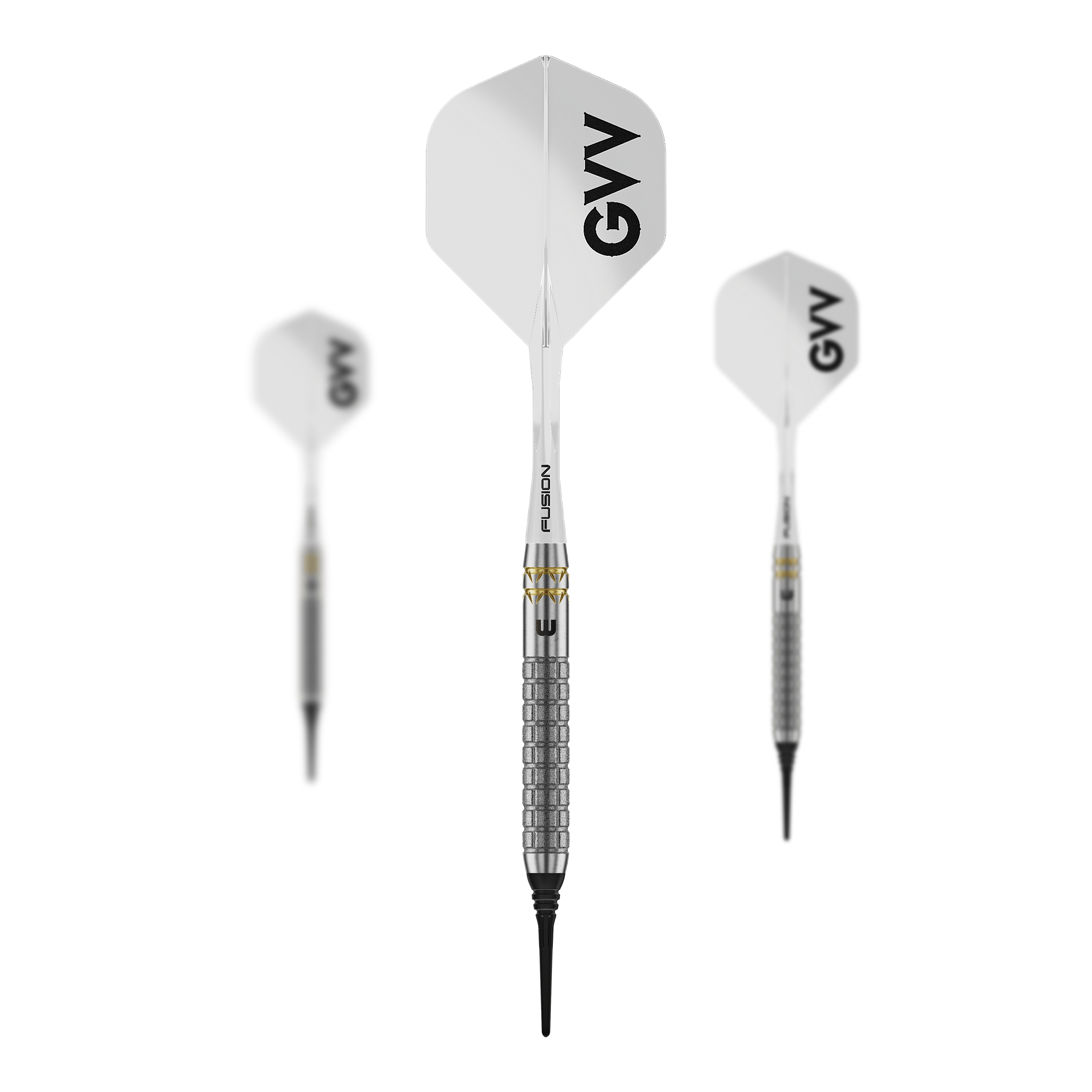 Winmau Gian Van Veen W-MAX Softdarts - 18g Auf dem Bild ist ein Set Winmau Gian Van Veen W-MAX Softdarts - 18g zu sehen. Drei Darts und das Zubehör sind abgebildet.