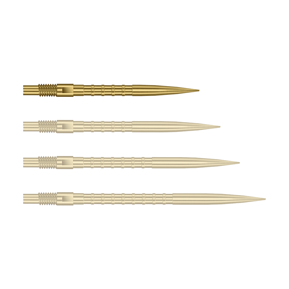 Harrows Quick Point Heavy Metal Dartspitzen - Gold Das Bild zeigt Dartspitzen mit starkem Metallgriff in goldener Farbe und 26mm Länge. Das Produkt ist Harrows Quick Point Heavy Metal Grip Dartspitzen Gold 26mm.