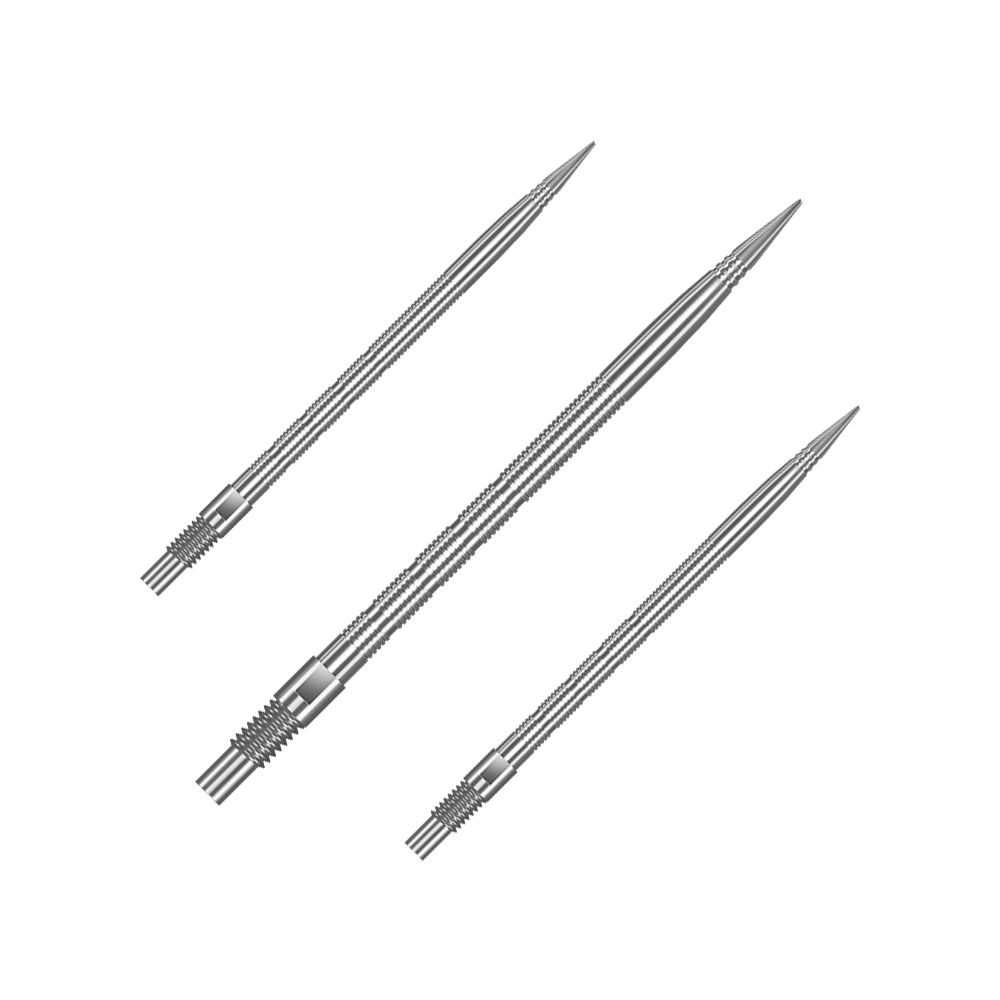 Harrows Quick Point Micro Ridge Dartspitzen - Silber Das Bild zeigt QP28023 Harrows Quick Point MicroRidge Dartspitzen Silber 40mm 1Set. Es handelt sich um Ersatz-Dartspitzen für Darts in silberner Farbe.