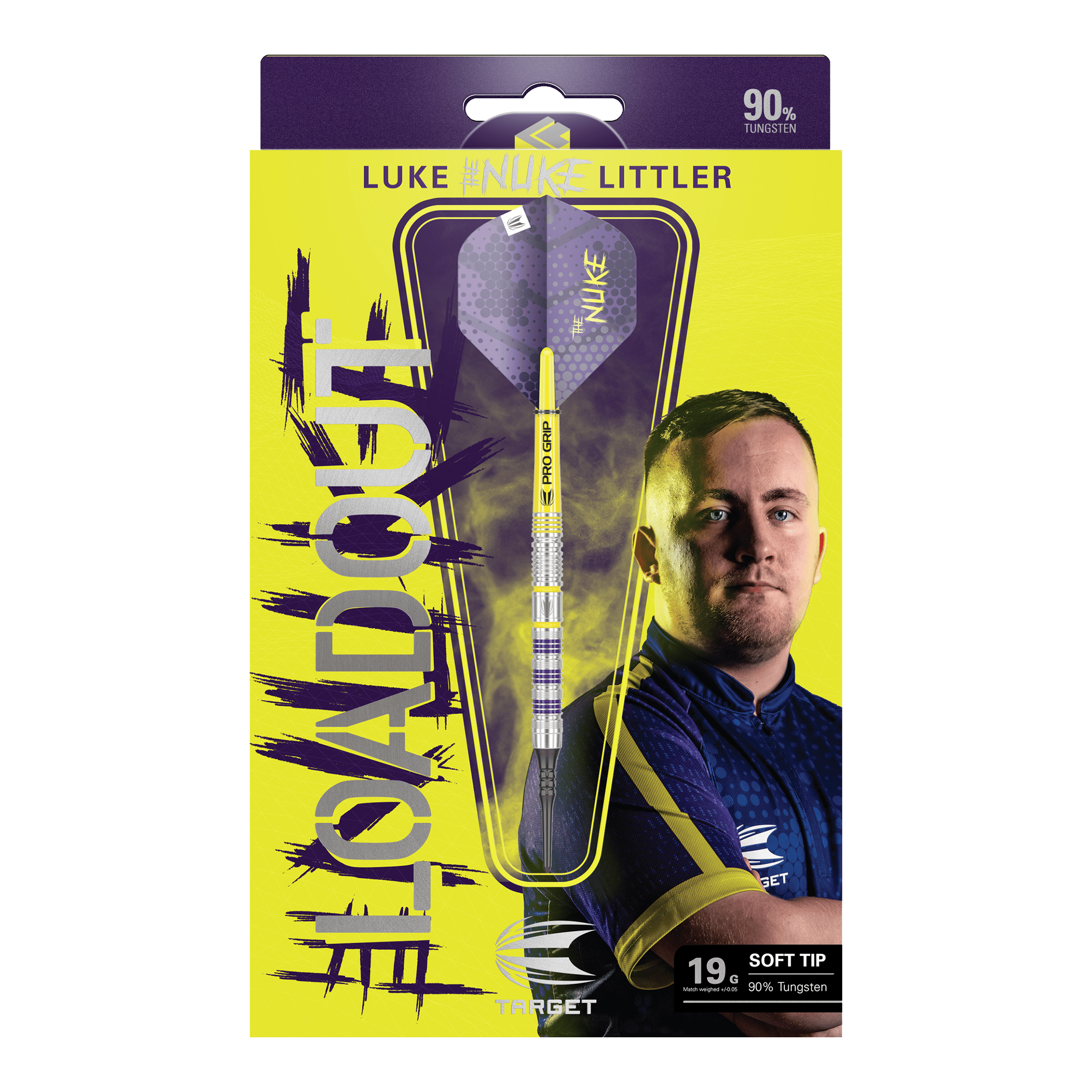 Target Luke Littler Loadout Softdarts - 19g Das Bild zeigt die Verpackung der "Target Luke Littler Loadout Softdarts - 19g". Auf der Packung ist ein Dartpfeil sowie ein Bild von Luke Littler zu sehen.