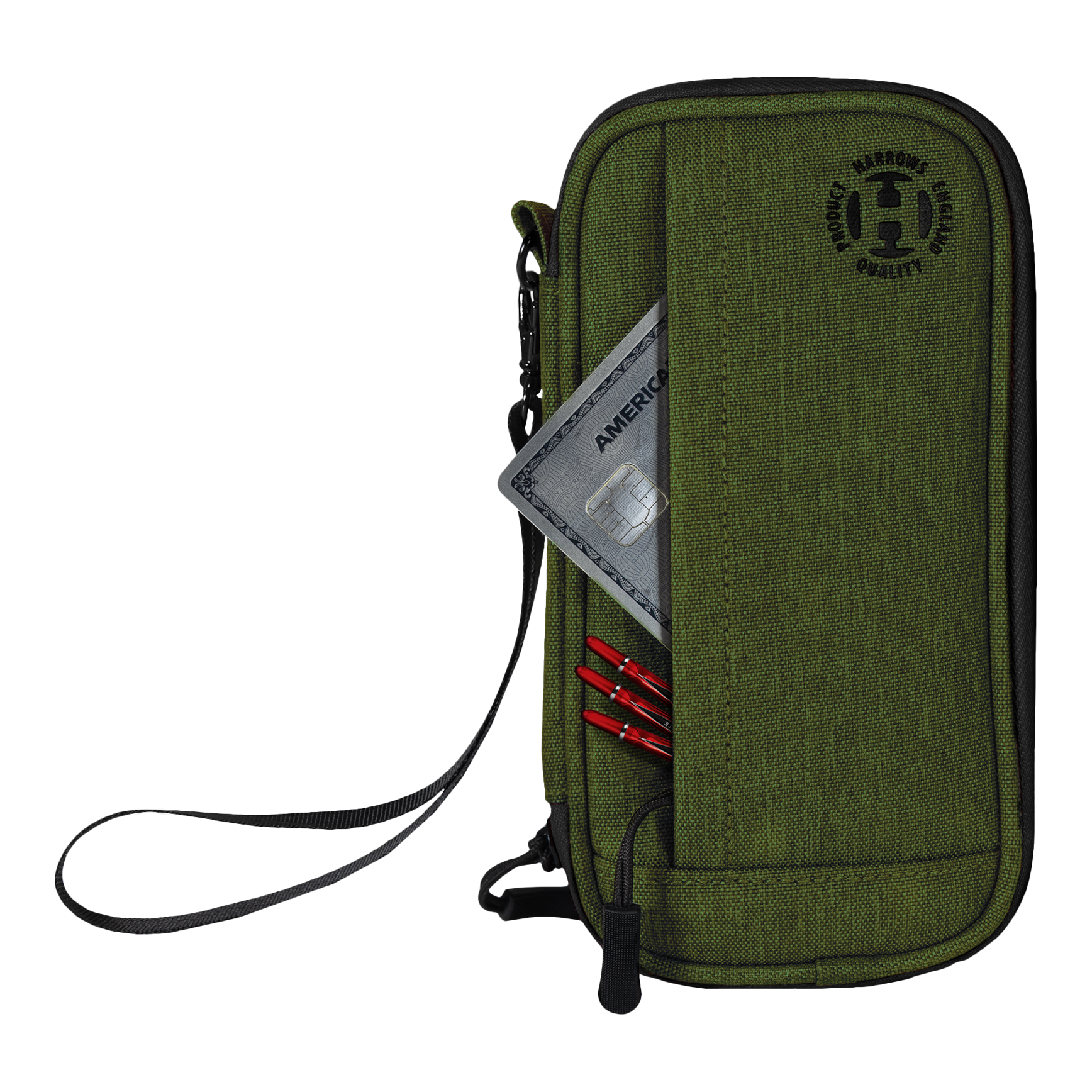 Harrows Smart Case Dartwallet Eine Darttasche mit robustem Außenmaterial und Zipper wird vorgestellt. Die Tasche ist halb geöffnet.