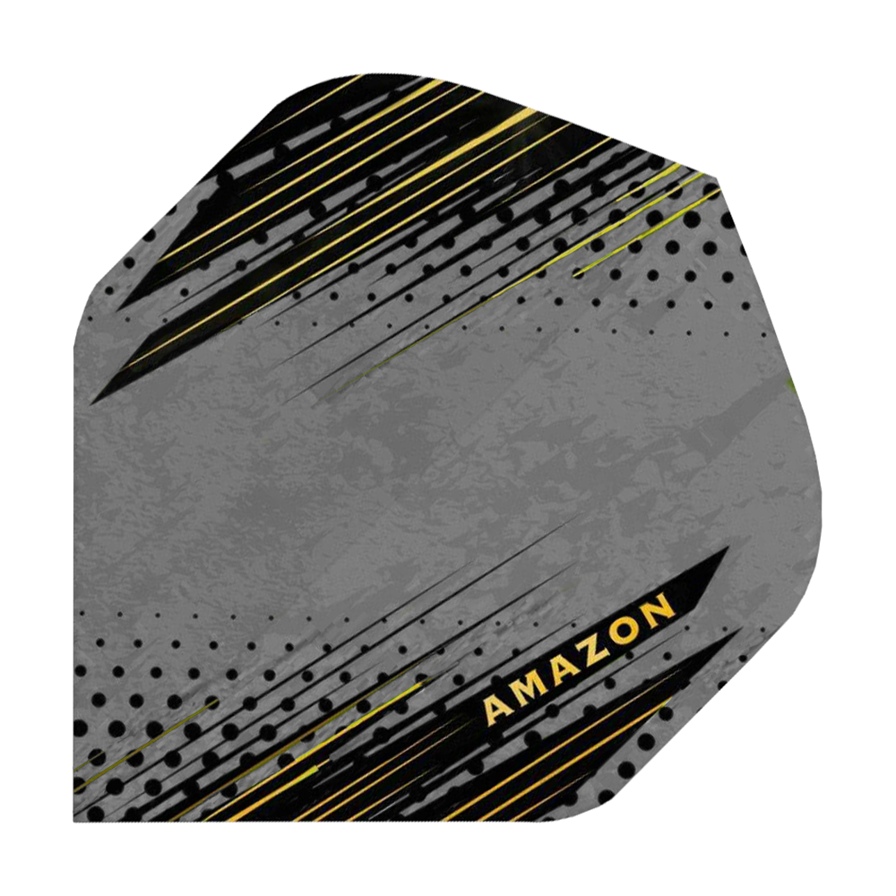 A39_Amazon_ORO_Standard_Flights_Grau_1 Das Bild zeigt das Produkt "Amazon ORO Standard Flights" mit einem modernen, grauen und schwarzen Design und gelben Akzenten. Im unteren rechten Bereich ist das Wort "AMAZON" in Gelb zu sehen.