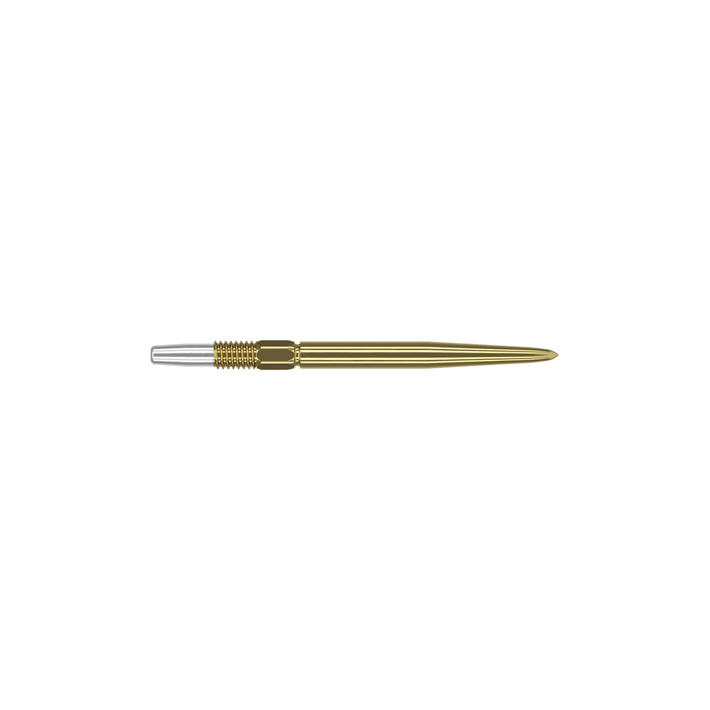 Target Swiss Point Gold Dartspitzen Das Bild zeigt eine goldfarbene Dartspitze mit feinen Rillen. Links befindet sich ein silbernes Schraubgewinde zur Befestigung.