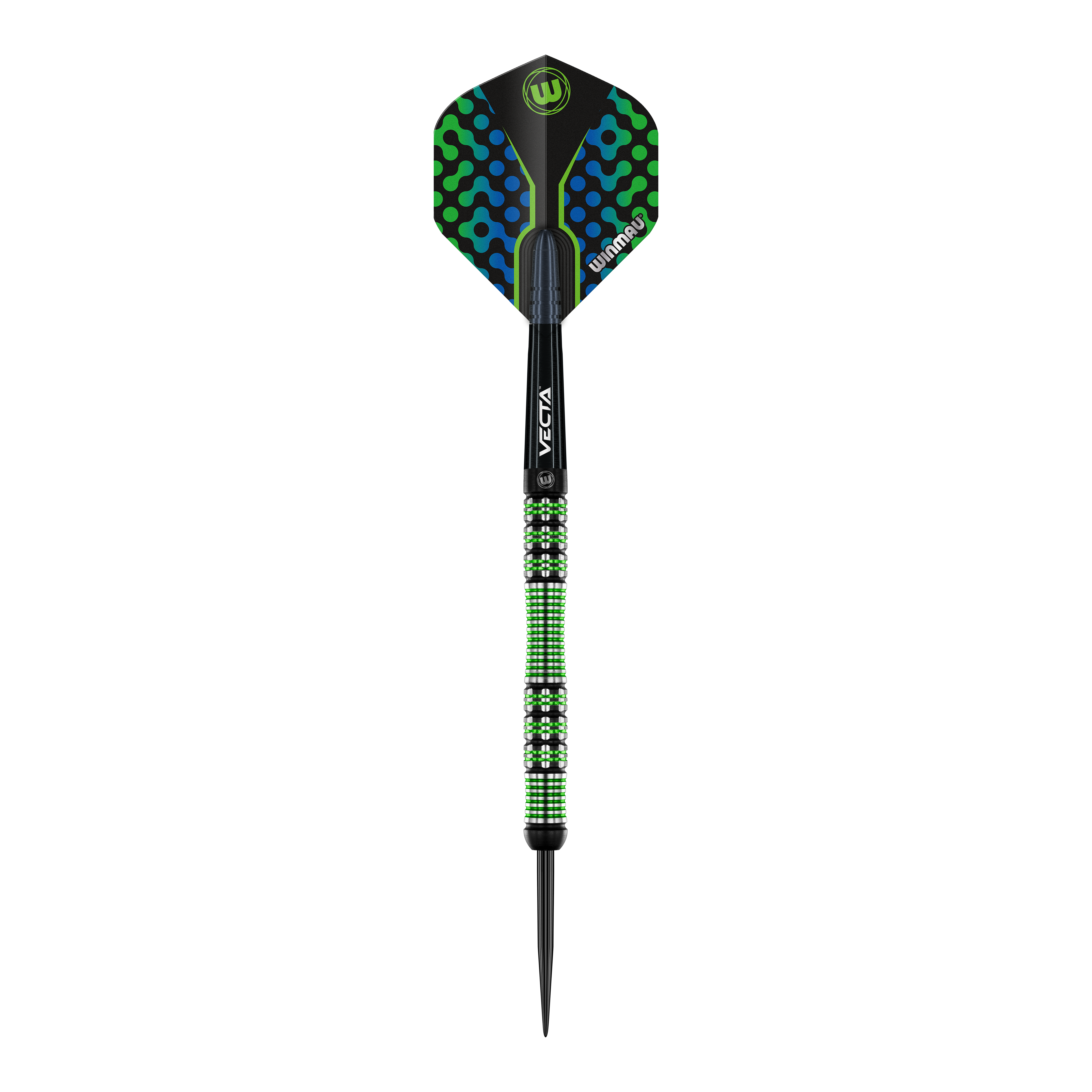 Dardos de acero Winmau Brendan Dolan Das Bild zeigt einen Winmau Brendan Dolan Steeldart. Der Dartpfeil hat ein auffälliges Design mit grünen und blauen Akzenten.