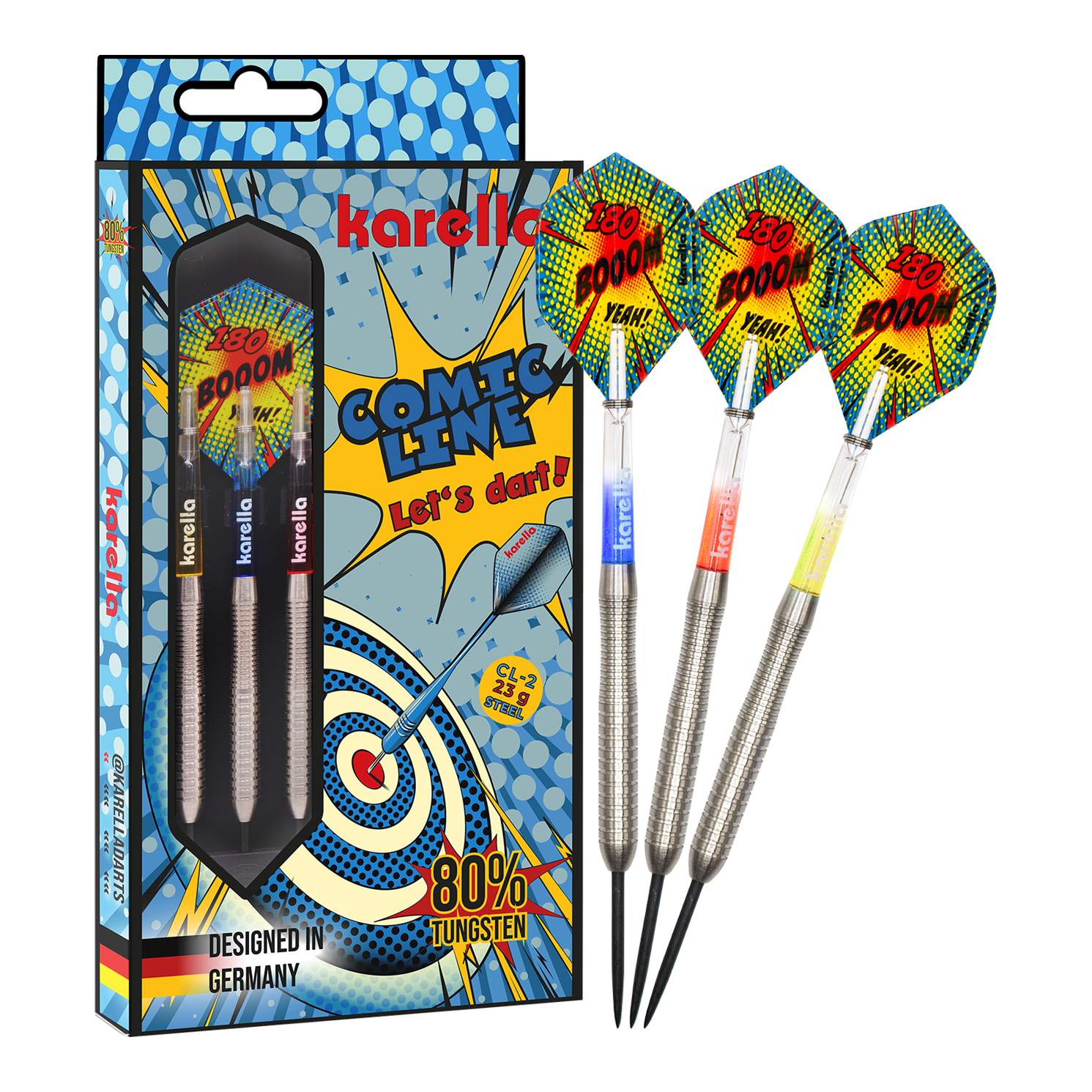 Dardos de acero Karella Comic Line CL-2 - 23 g Zu sehen ist das vollständige Set der Karella Comic Line CL-2 Steeldarts in 23g. Die Steeldarts bieten eine gute Balance für ambitionierte Spieler.
