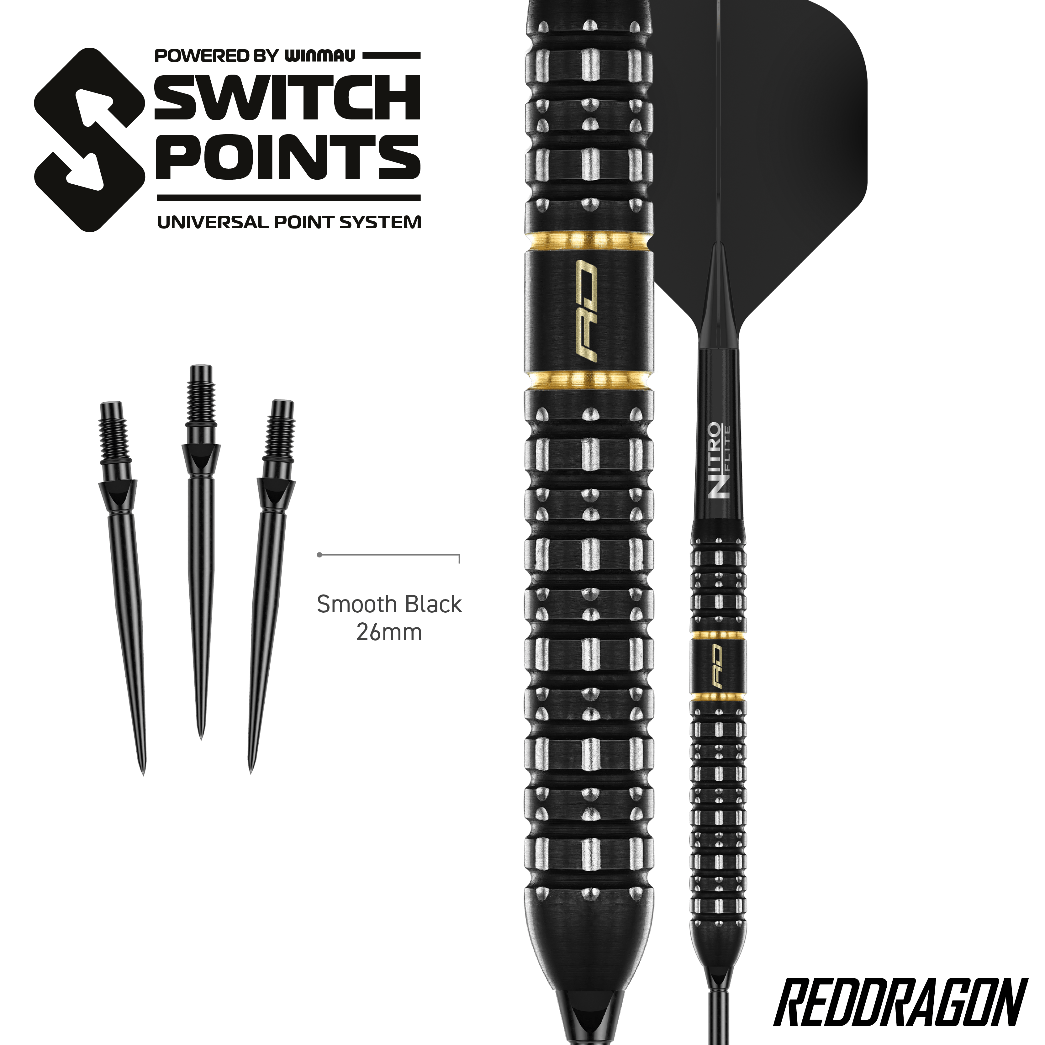Red Dragon Ascend Parallel Switch Point Steeldarts Das Bild zeigt die Red Dragon Ascend Parallel Switch Point Steeldarts. Die Darts sind seitlich abgebildet und zeigen das spezielle Barrel-Design.