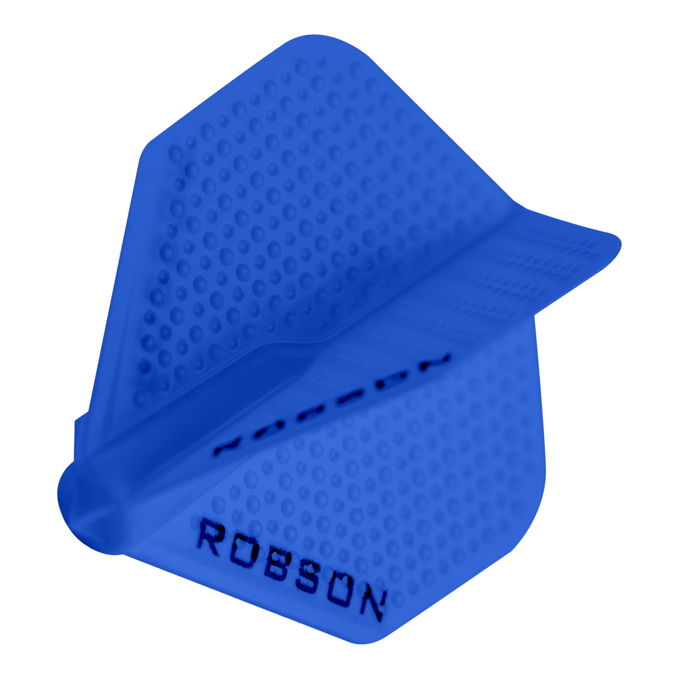 Robson Plus Dimple Flights - Blau Das Bild zeigt das Produkt "Robson Plus Dimple Flights - Blau". Es handelt sich um einen blauen Dartflug mit strukturierter Oberfläche und dem Aufdruck "ROBSON".