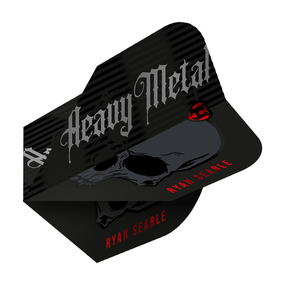 Harrow's Ryan Searle Heavy Metal Series 2 Lety Das Bild zeigt ein Dart-Flight mit der Aufschrift "Heavy Metal" und einem Totenkopf-Design. Unten steht in roten Buchstaben der Name "Ryan Searle".