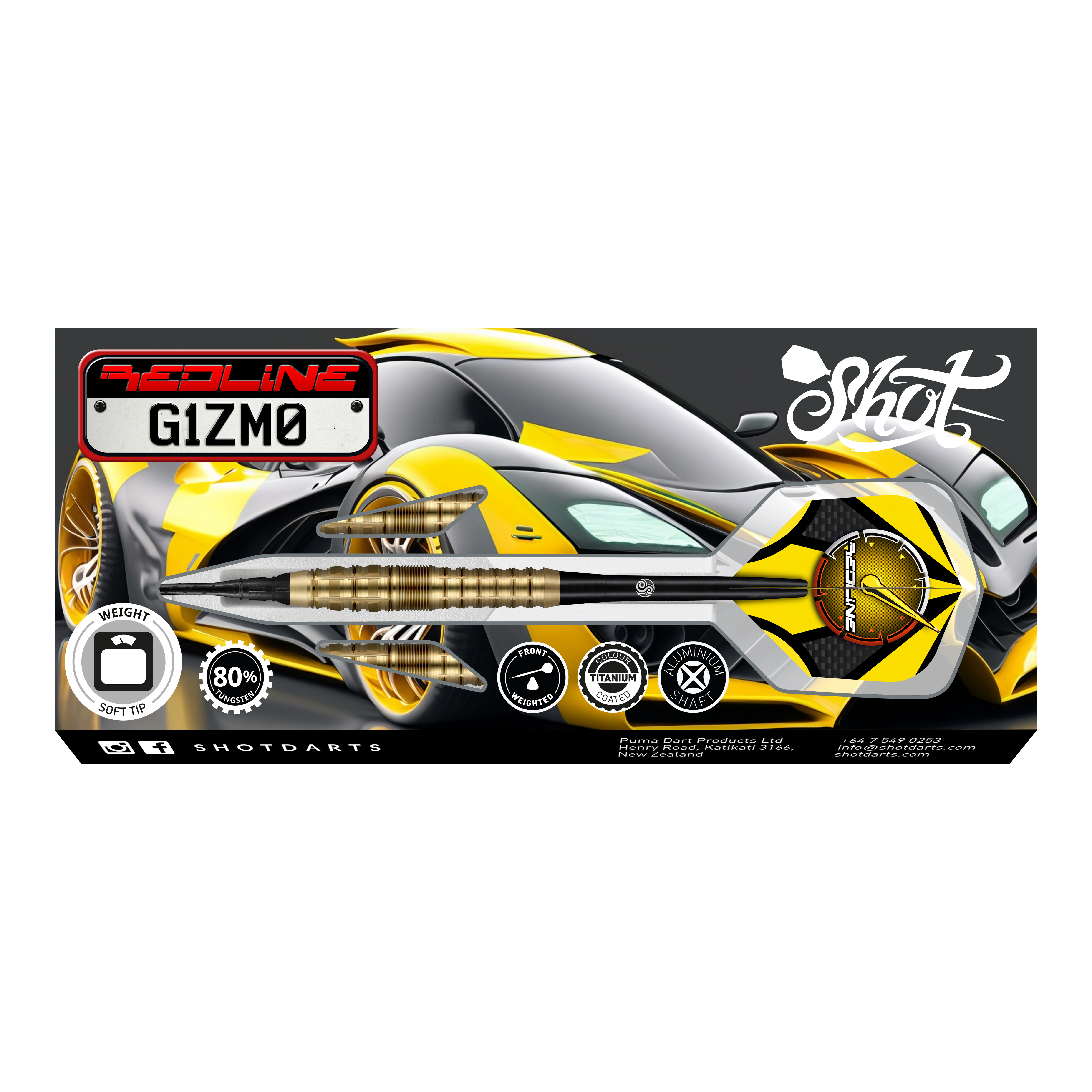 Dardos suaves Shot Redline Gizmo - 20 g Auf dem Bild ist das Produkt "Shot Redline Gizmo Softdarts - 20g" abgebildet. Im Hintergrund ist ein sportliches, gelb-schwarzes Auto zu sehen, das das dynamische Design der Softdarts unterstreicht.