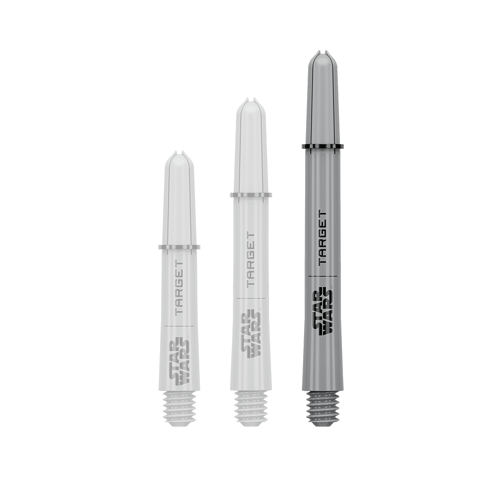 Target Star Wars ProGrip Shafts - Grau Das Bild zeigt ein Dart-Zubehör mit dem Dateinamen 380432_Target_StarWars_ProGrip_Shafts_Grau_Medium_48mm_1. Es handelt sich wahrscheinlich um einen einzelnen grauen Medium ProGrip Shaft von Star Wars mit 48mm Länge.